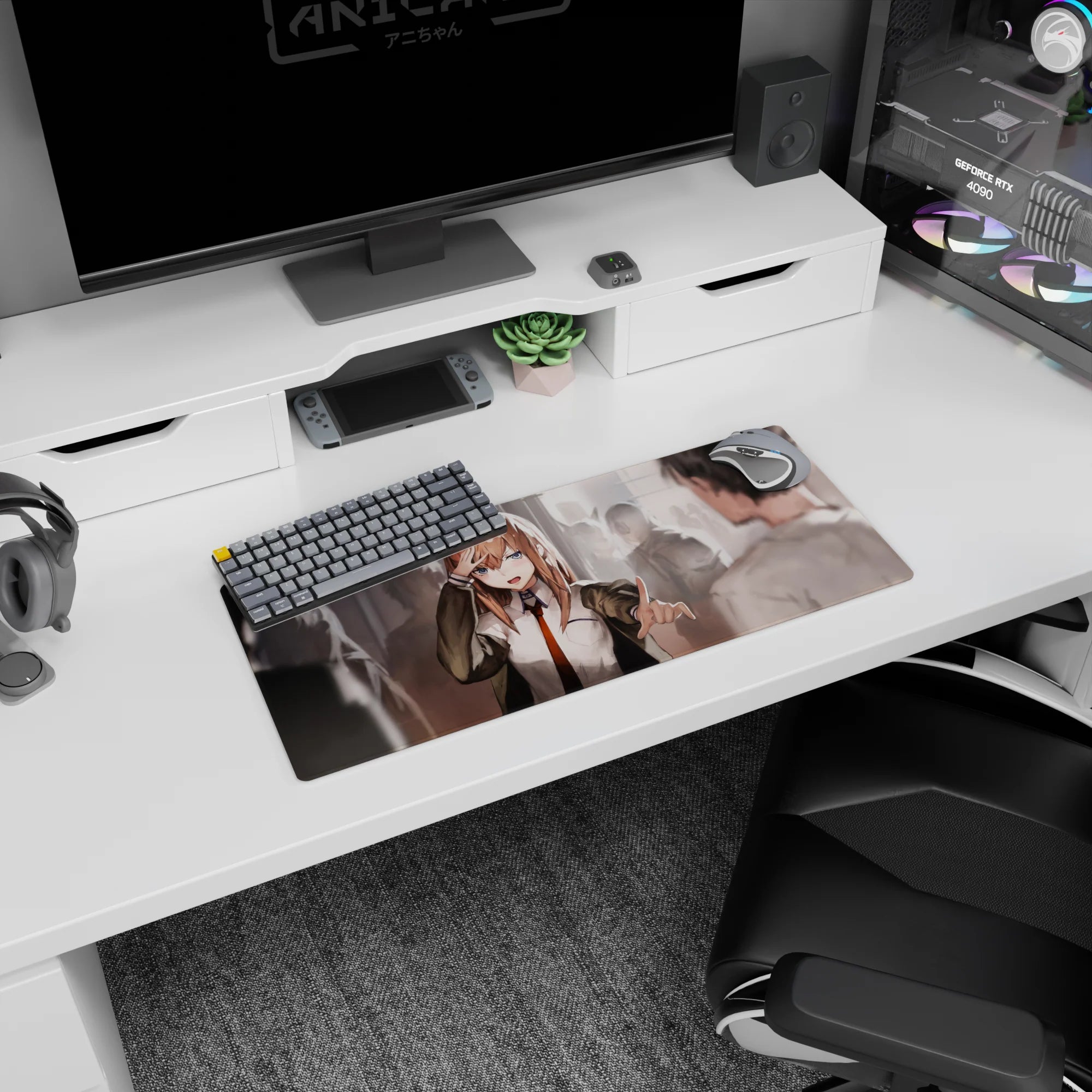 28x12 inches anime girl mouse pad showing playful student pointing at you, jacket off shoulders, busy school vibe.