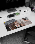 28x12 inches anime girl mouse pad showing playful student pointing at you, jacket off shoulders, busy school vibe.