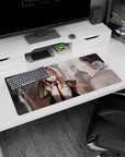 Anime student girl mouse pad 32x16 inches, half-smile challenge, jacket off shoulders, classmates blurred.
