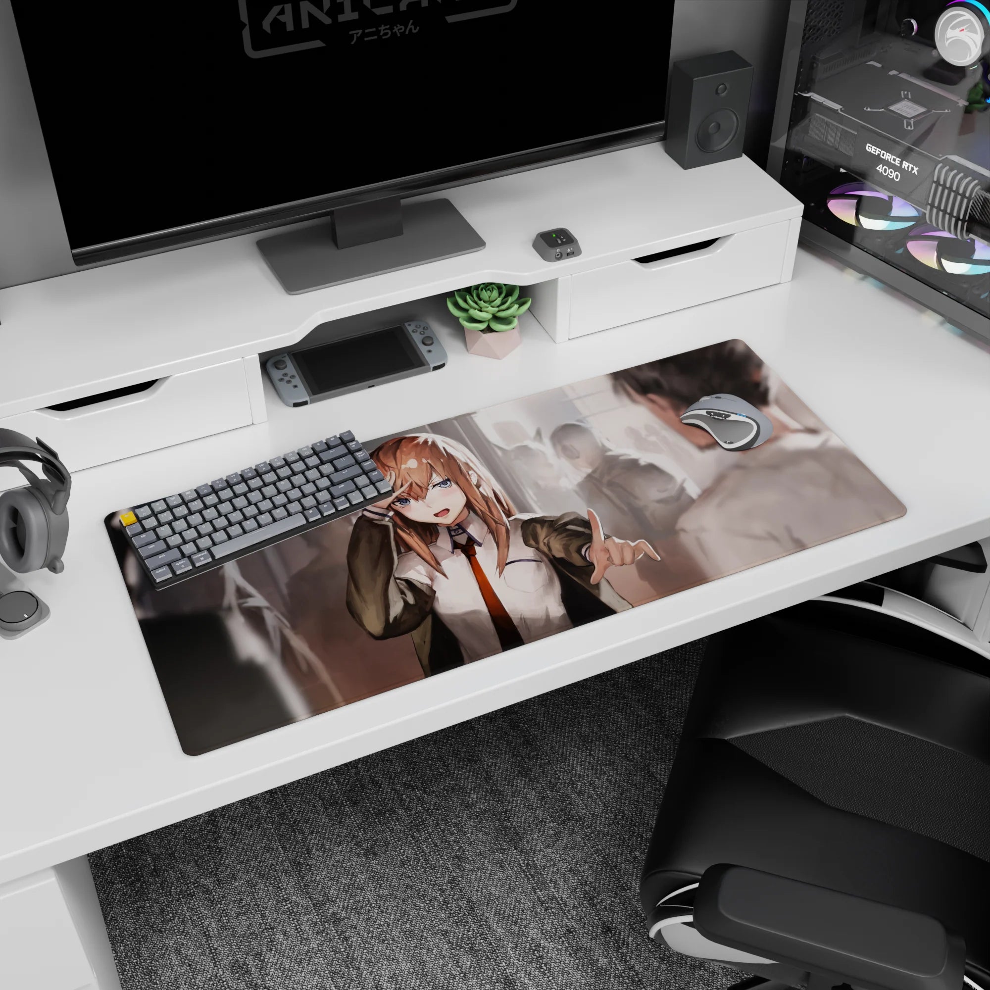 Anime schoolgirl scene desk pad 36x16 inches, jacket slipping off shoulders, salute and pointing, classmates blurred.