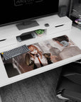 Anime schoolgirl scene desk pad 36x16 inches, jacket slipping off shoulders, salute and pointing, classmates blurred.