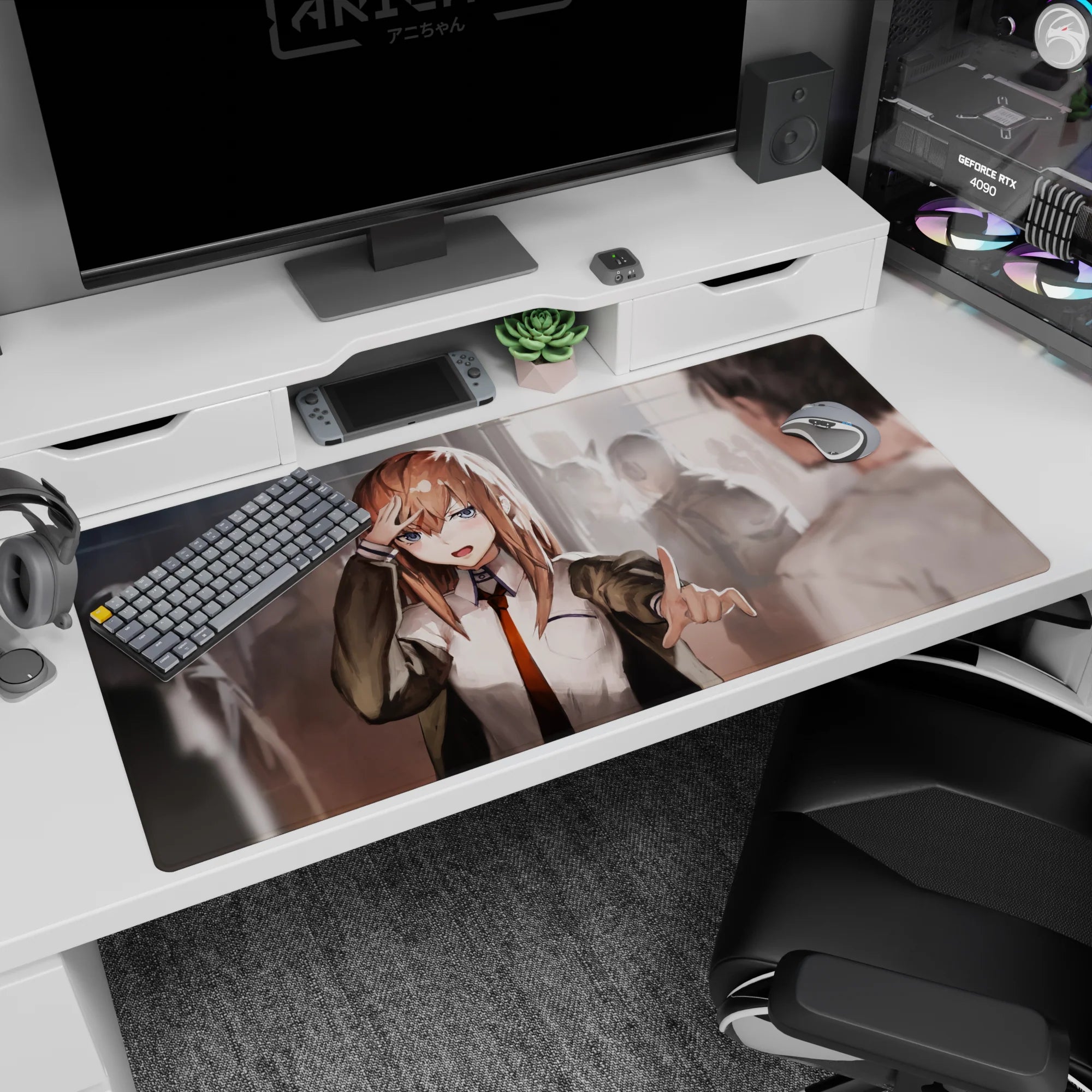 Playful anime schoolgirl desk pad 40x20 inches in white shirt, orange tie, jacket slipping off shoulders.