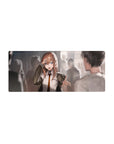 28x12 inches anime girl mouse pad with saluting schoolgirl, blue eyes, chestnut hair, classroom blur.