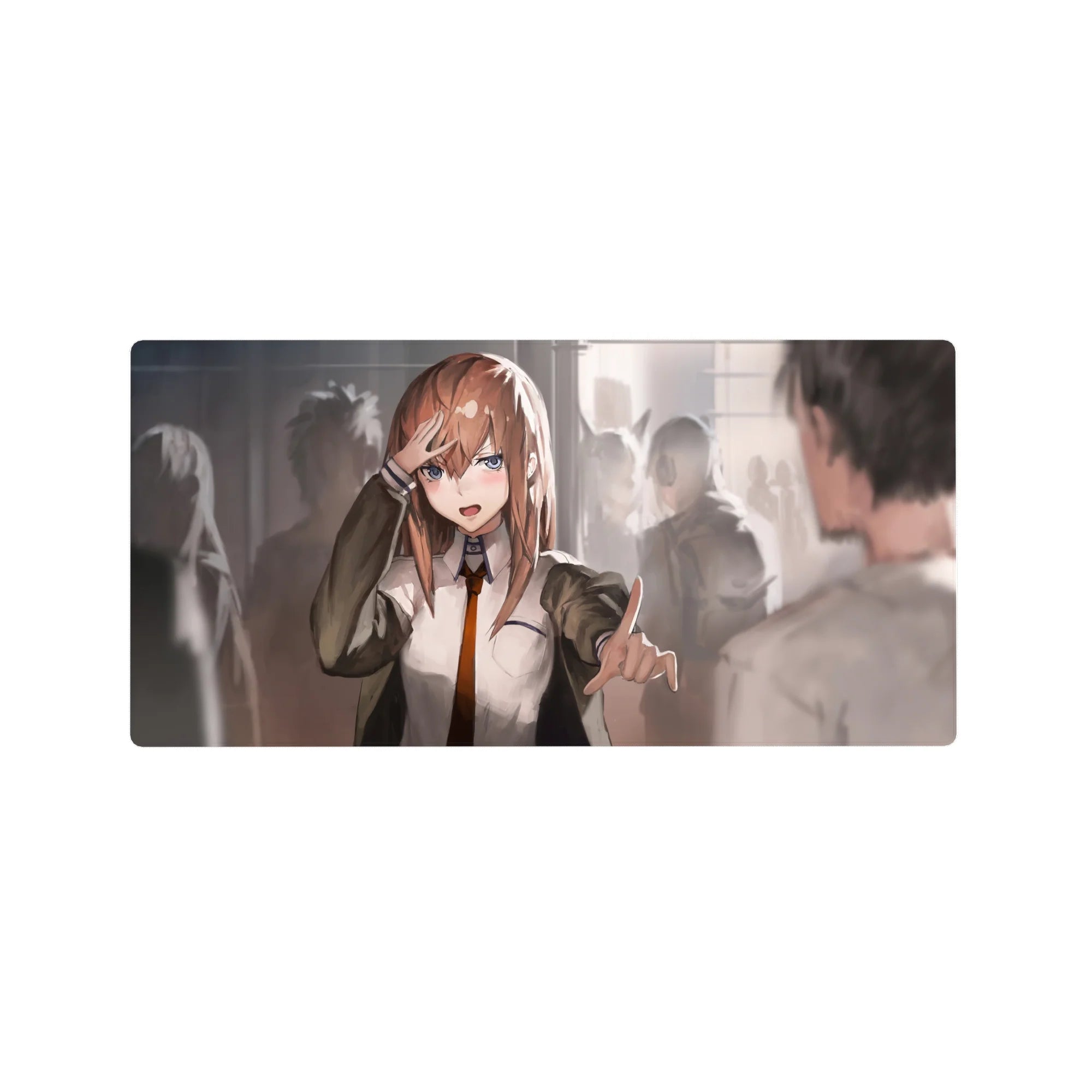 Anime girl mouse pad 32x16 inches, school hallway scene with saluting girl pointing forward.