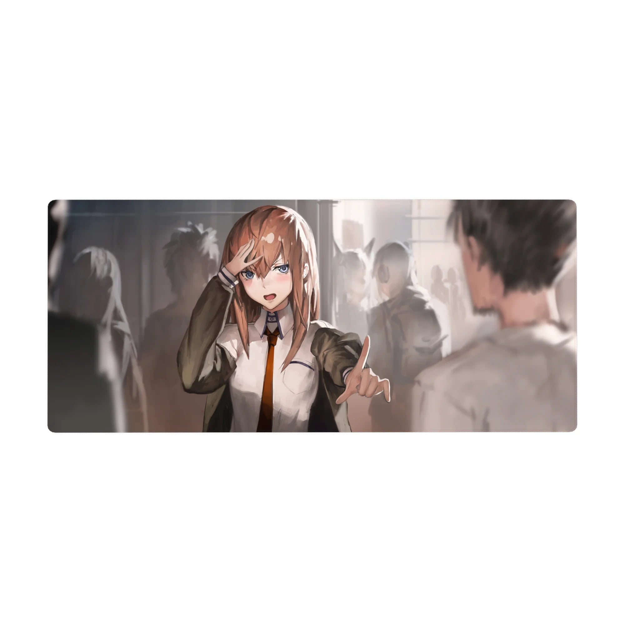 Anime girl desk pad 36x16 inches with saluting schoolgirl, orange tie, blue eyes, soft hallway background.