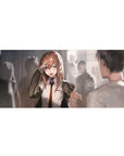 Anime girl desk pad 36x16 inches with saluting schoolgirl, orange tie, blue eyes, soft hallway background.