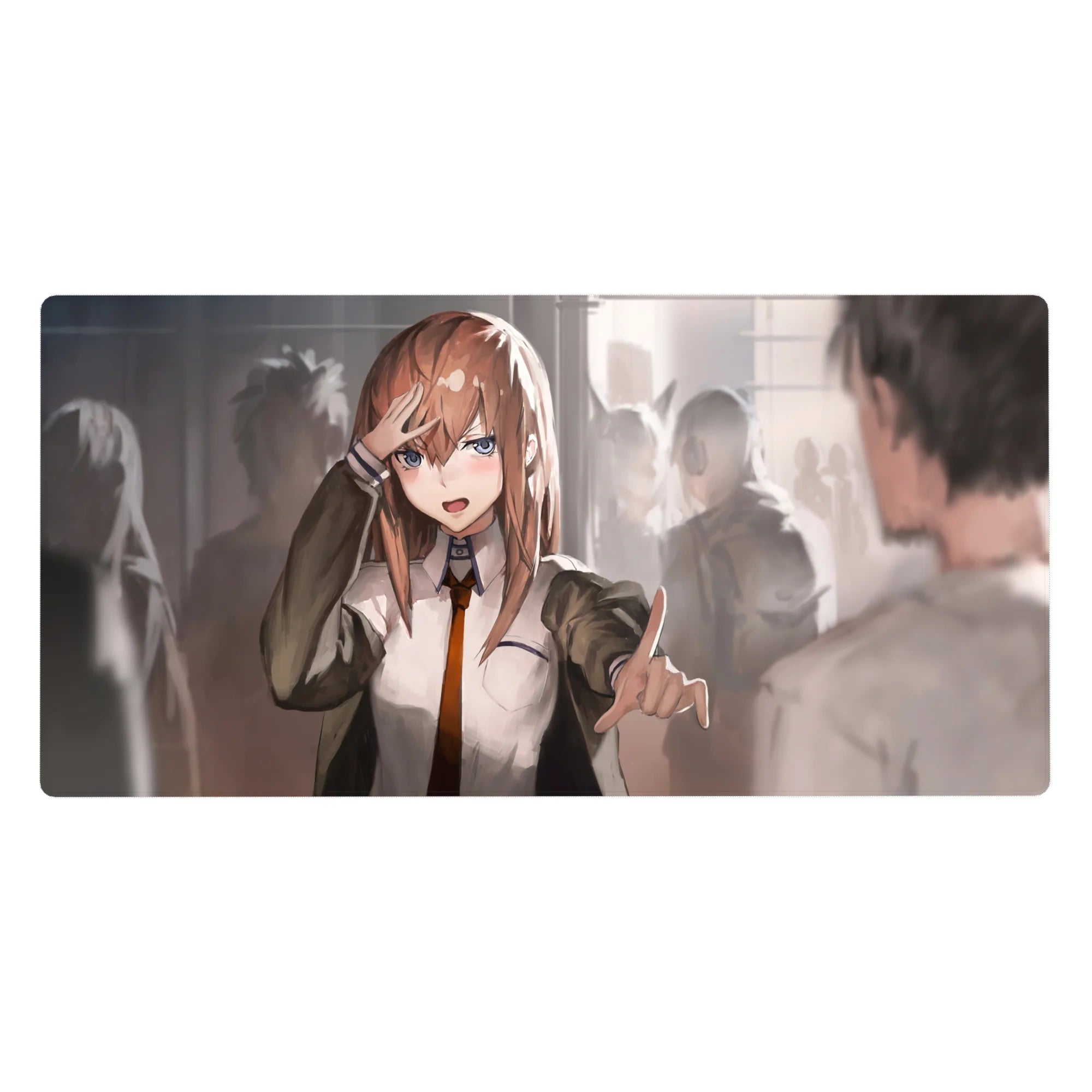 Anime girl desk pad 40x20 inches with school hallway scene, salute pose, and pointing gesture.
