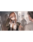 Anime girl desk pad 40x20 inches with school hallway scene, salute pose, and pointing gesture.