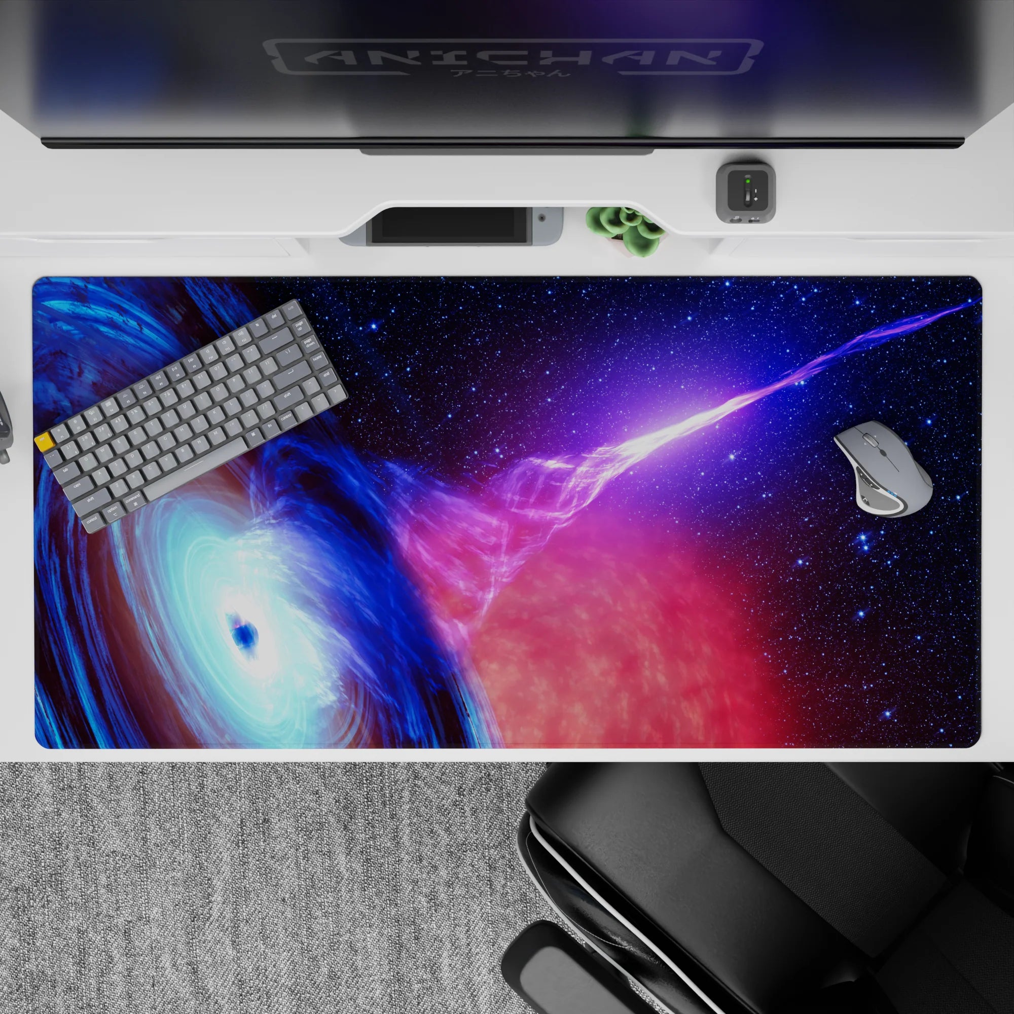 Electric blue and deep space desk pad 40x20 inches with warm pink nebula glow, dreamy and calming.