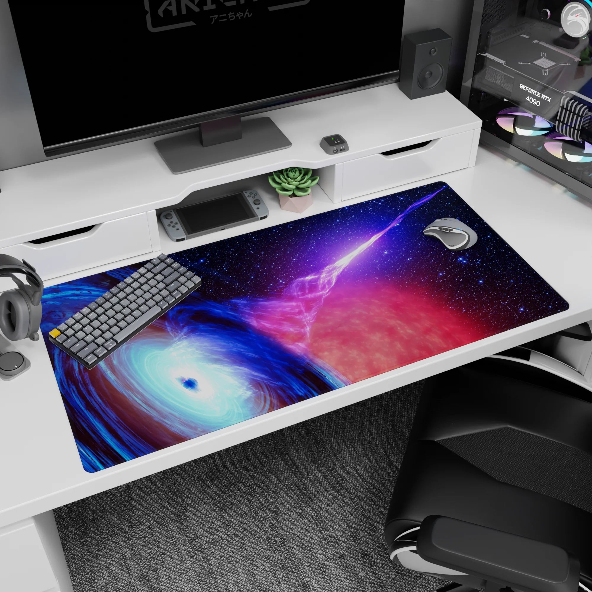 Vortex spiral galaxy scene desk pad 40x20 inches, blue whirlpool crashing into a pink nebula streak.