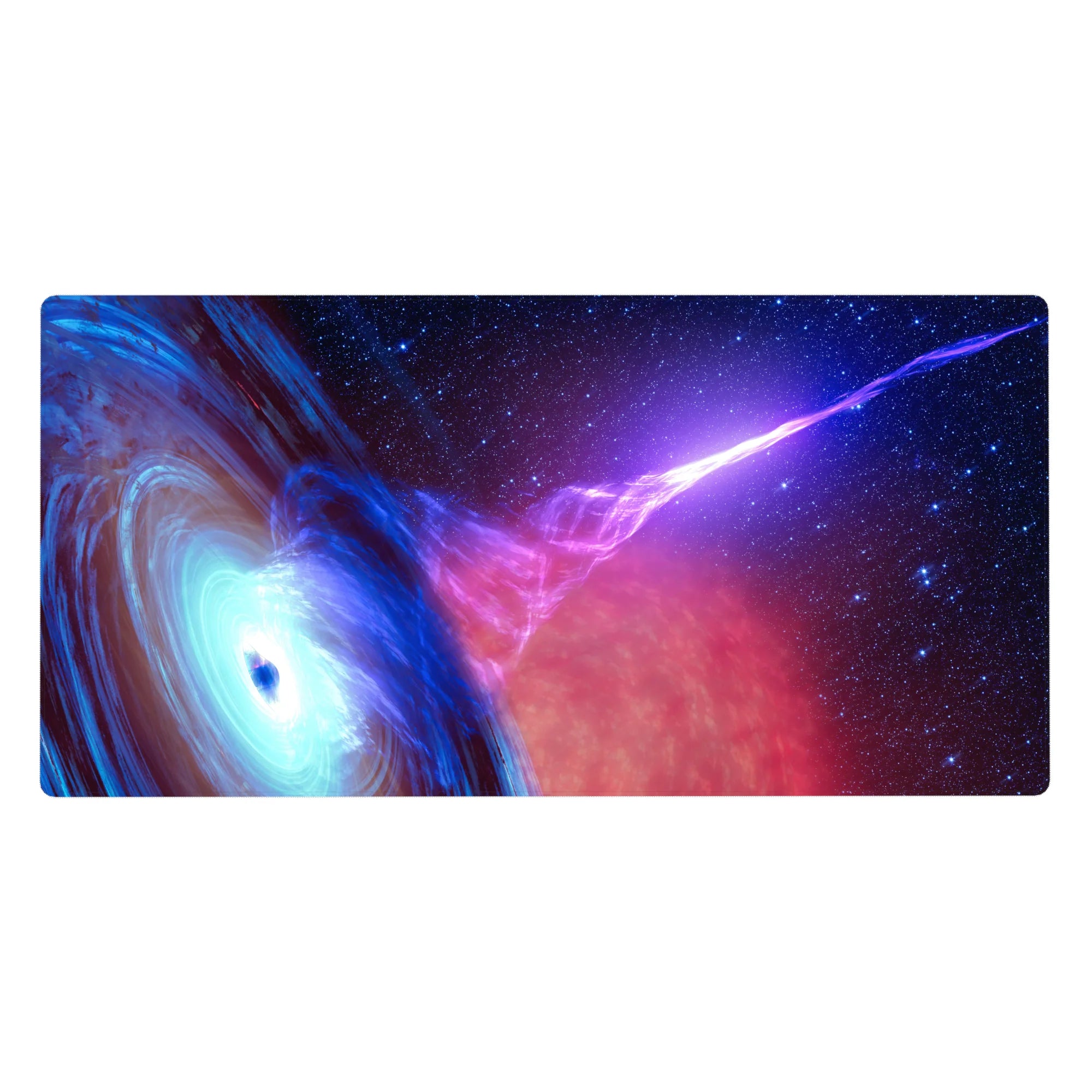 Cosmic whirlpool galaxy desk pad 40x20 inches with star-speckled space and nebula accents.