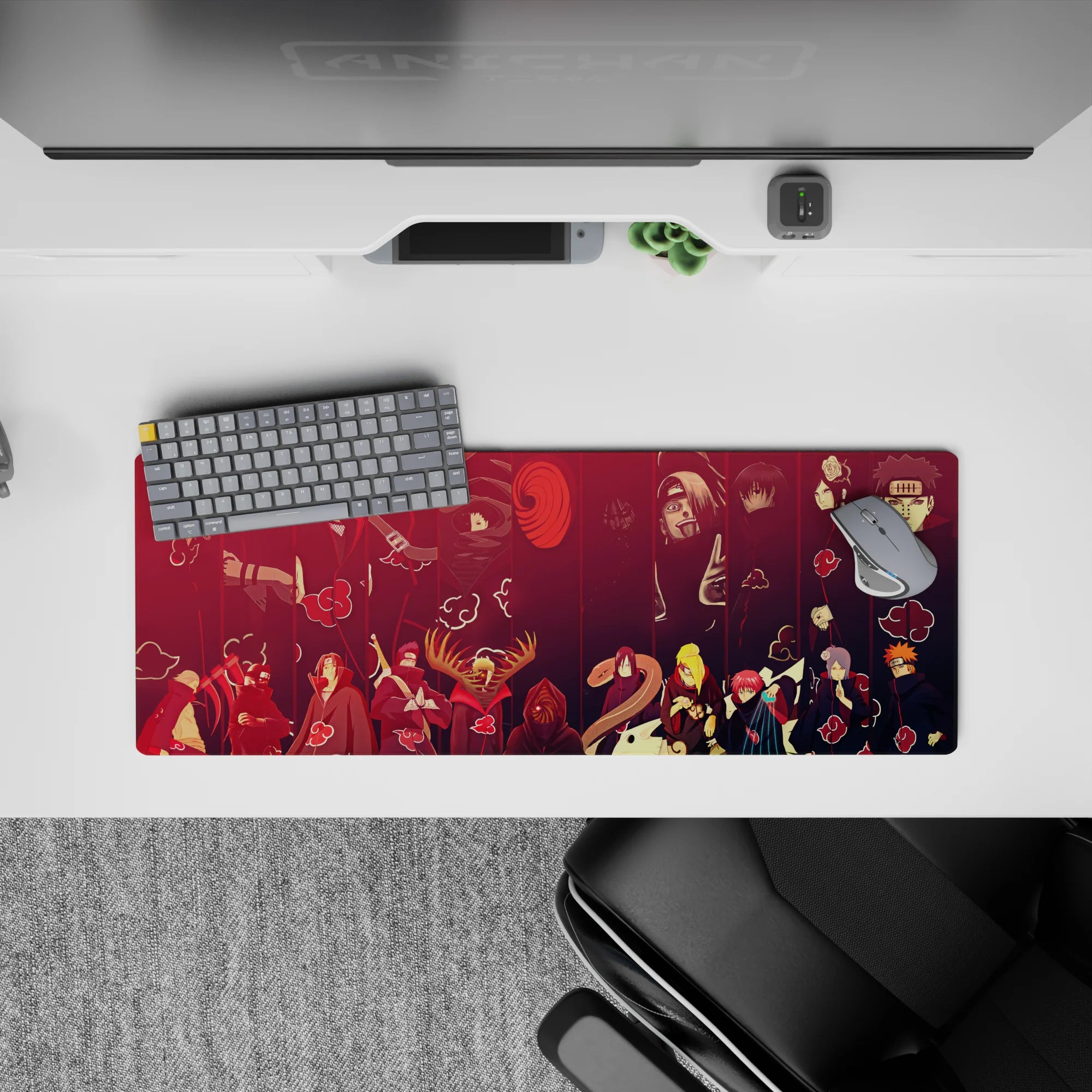 Deep red and black Akatsuki cloud pattern anime mouse pad, 32x12 inches, moody villain-chic desk mat.