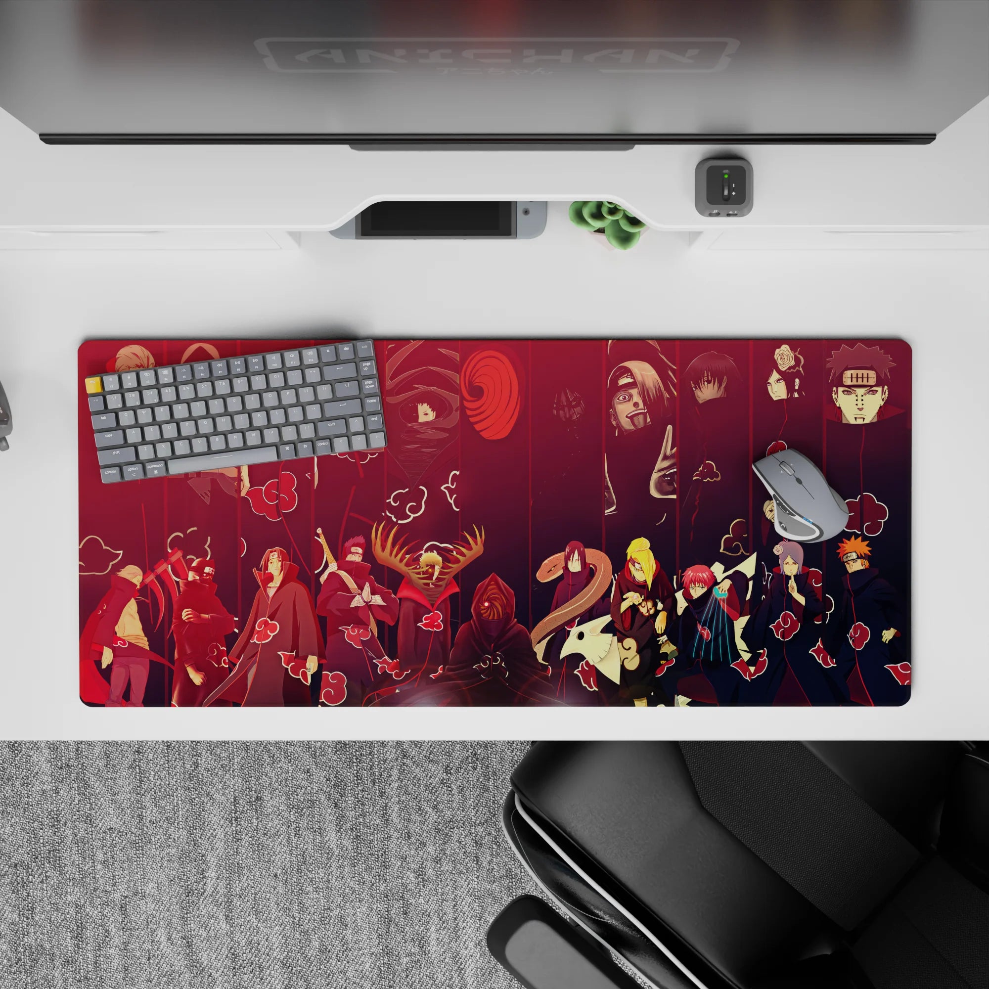 Deep red and inky black anime desk pad 36x16 inches with moody villain aesthetic and crisp print.