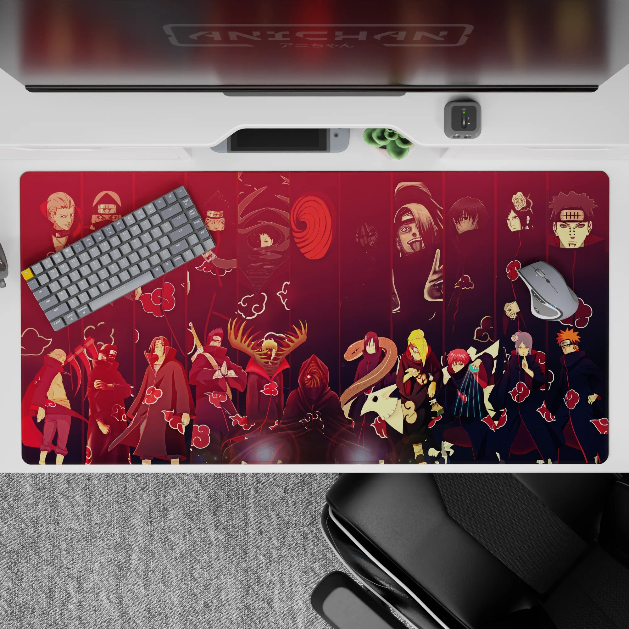 Moody deep red and inky black anime desk pad 40x20 inches with sharp Akatsuki clouds.