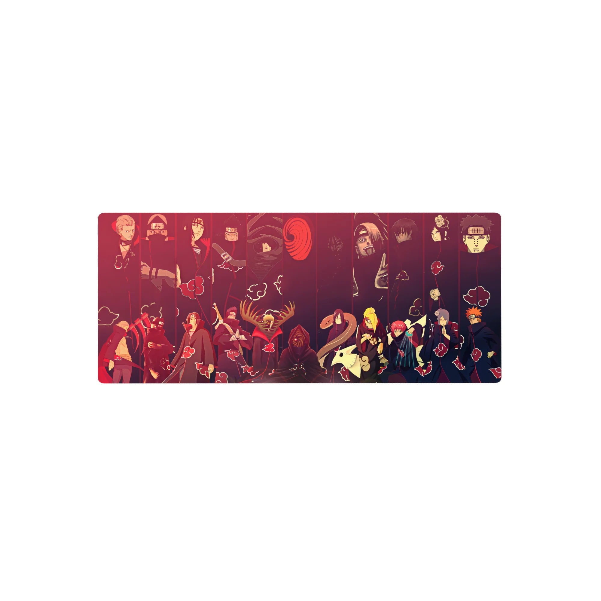 Akatsuki group anime mouse pad 28x12 inches with red cloud pattern and villain lineup artwork.
