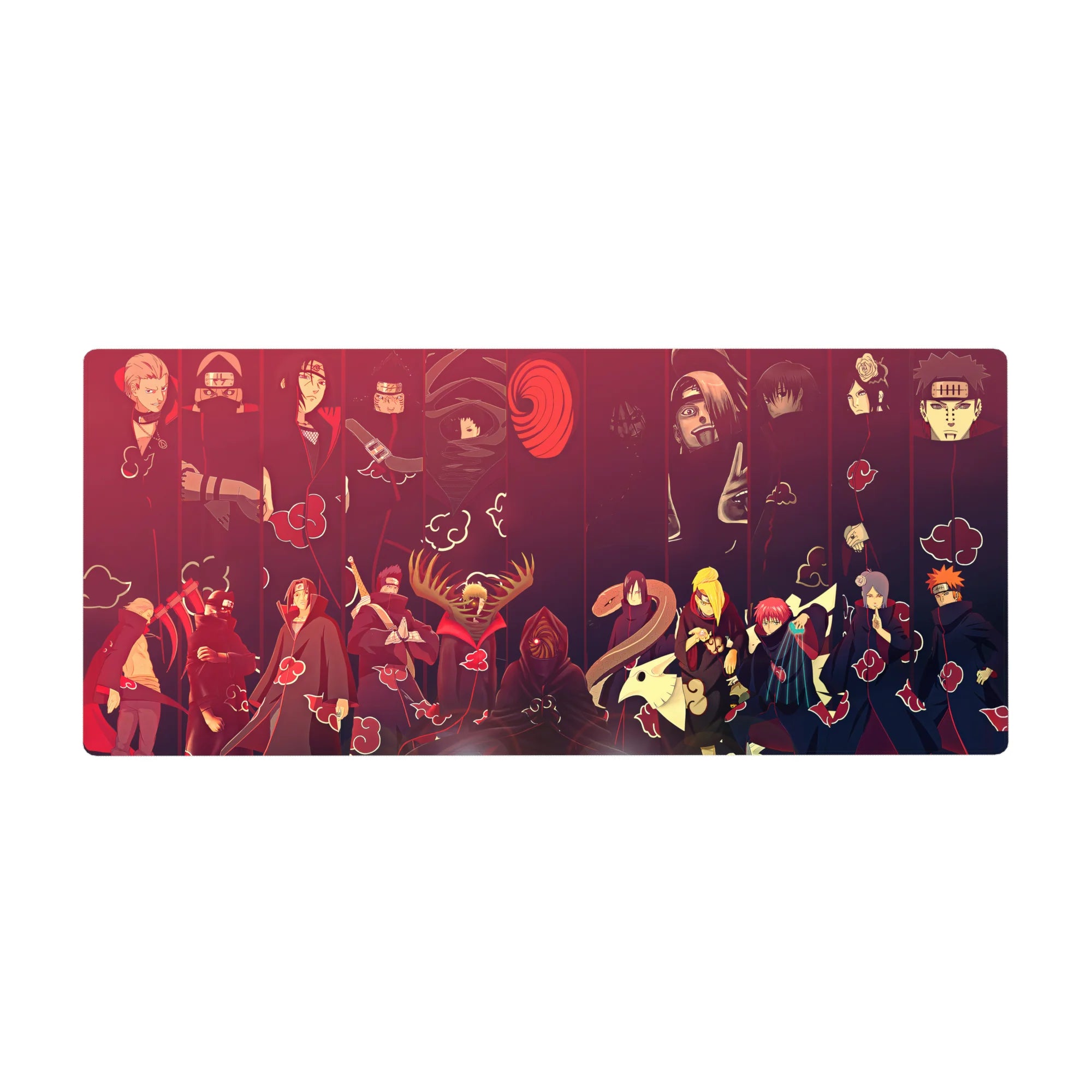 Akatsuki lineup anime desk pad 36x16 inches with Itachi, Pain, Deidara and cloud pattern art.
