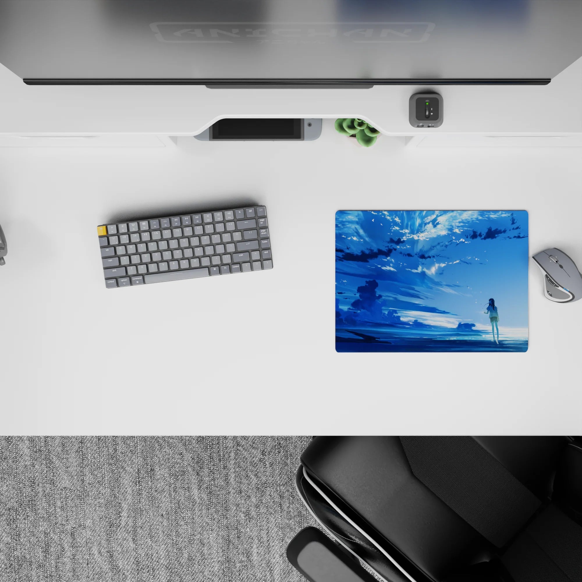 Calming 14x10 inches anime mouse pad in icy blues with drifting clouds, soft sparkles, serene vibe.