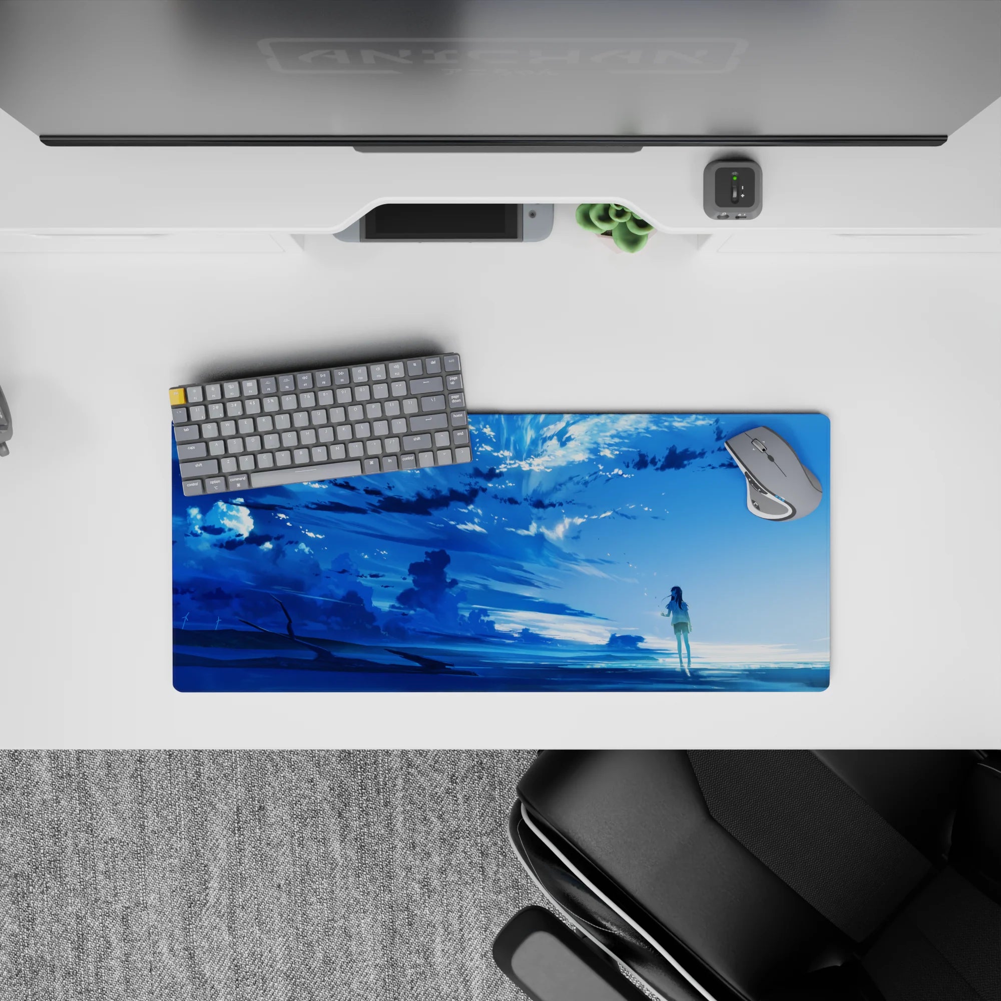 28x12 inches anime mouse pad in icy blues with drifting clouds, soft sparkles, calm and dreamy mood.