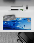 28x12 inches anime mouse pad in icy blues with drifting clouds, soft sparkles, calm and dreamy mood.