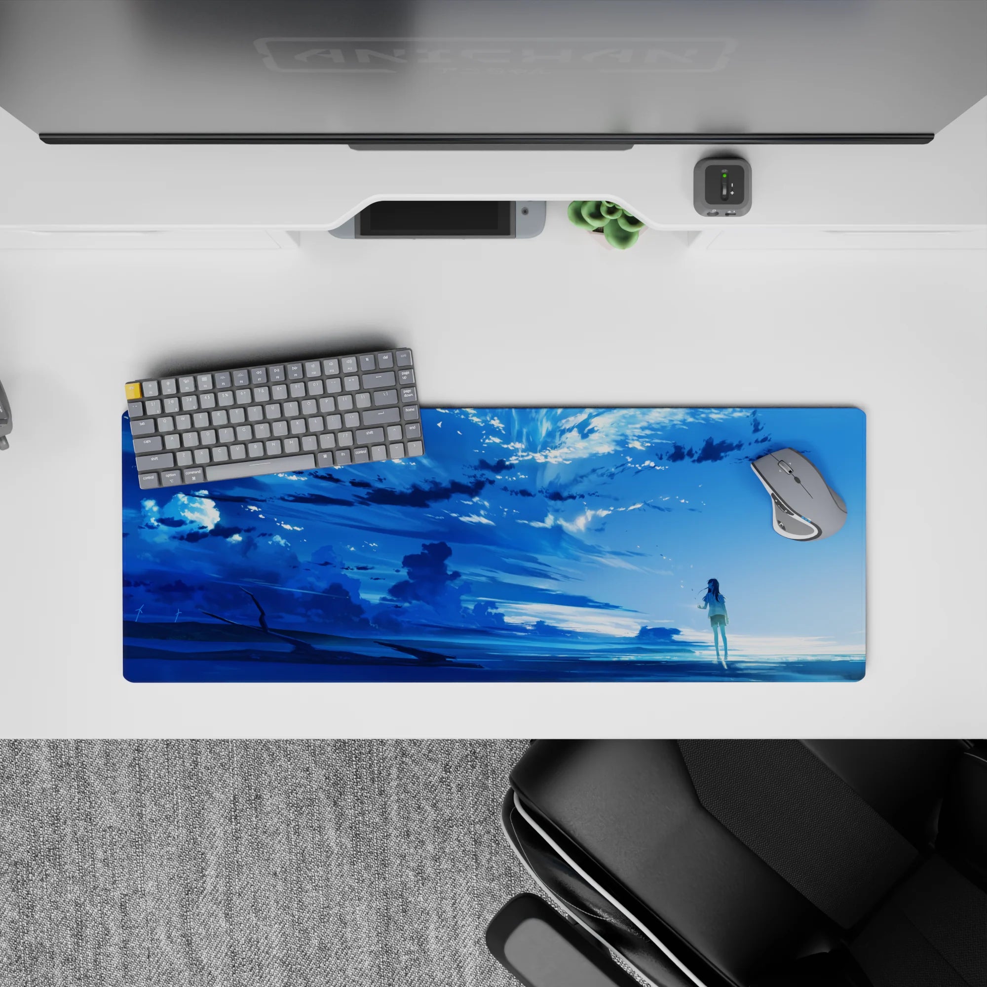 32x12 inches anime mouse pad in icy blues with drifting clouds, sparkles, and calm reflective water.