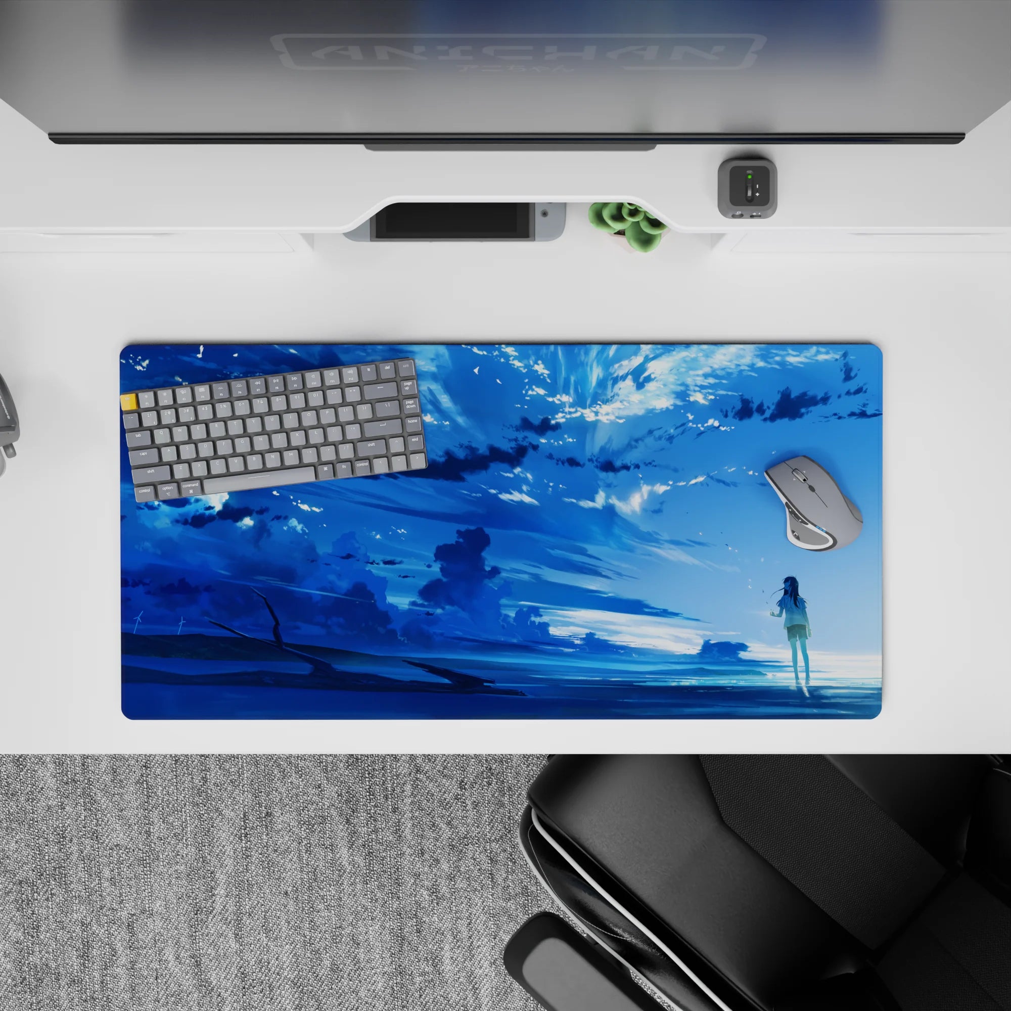 32x16 inches anime mouse pad in icy blue tones with drifting clouds, soft sparkles, and calm focus mood.