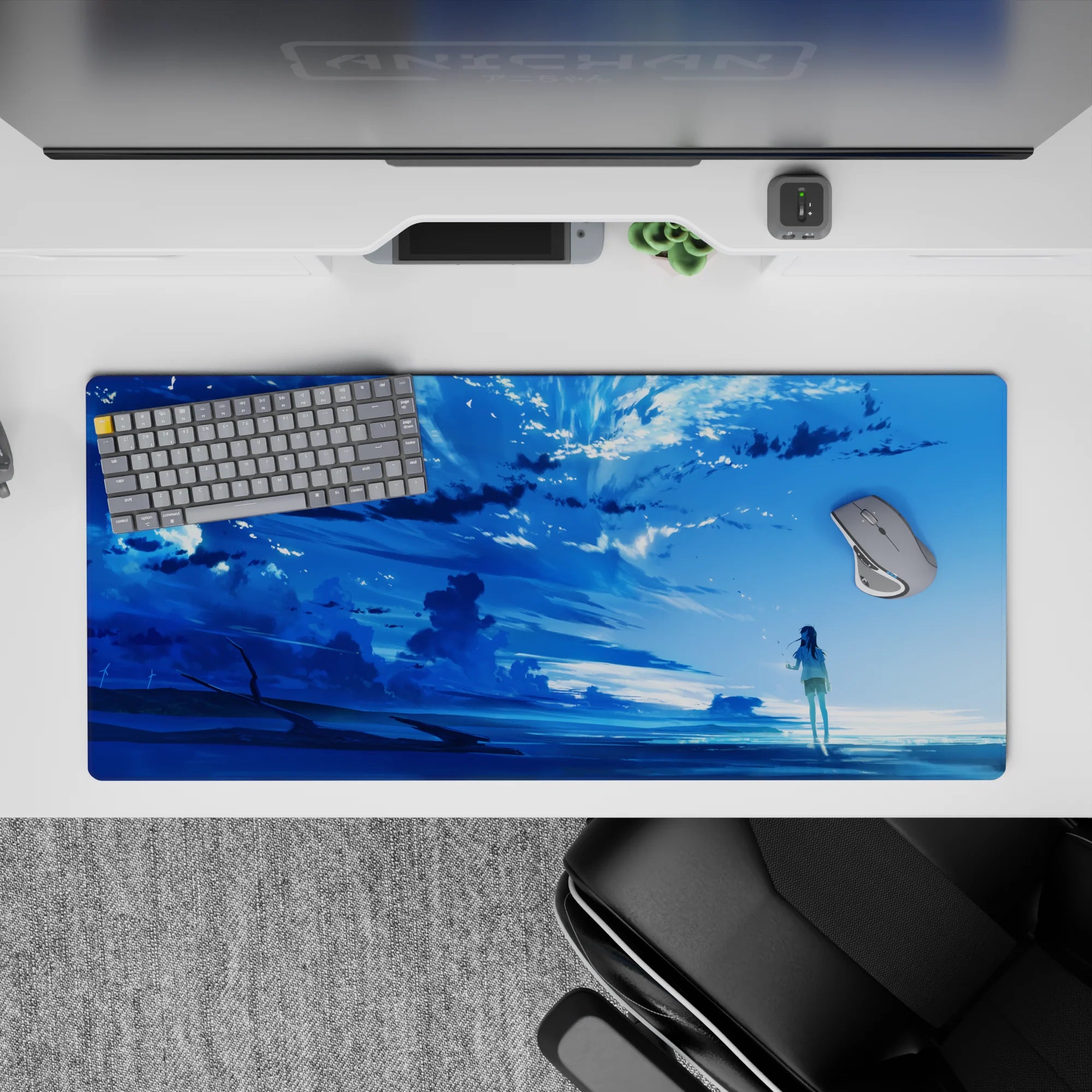 36x16 inches anime desk pad in icy blue tones with drifting clouds, calm coastal mood, and soft sparkles.