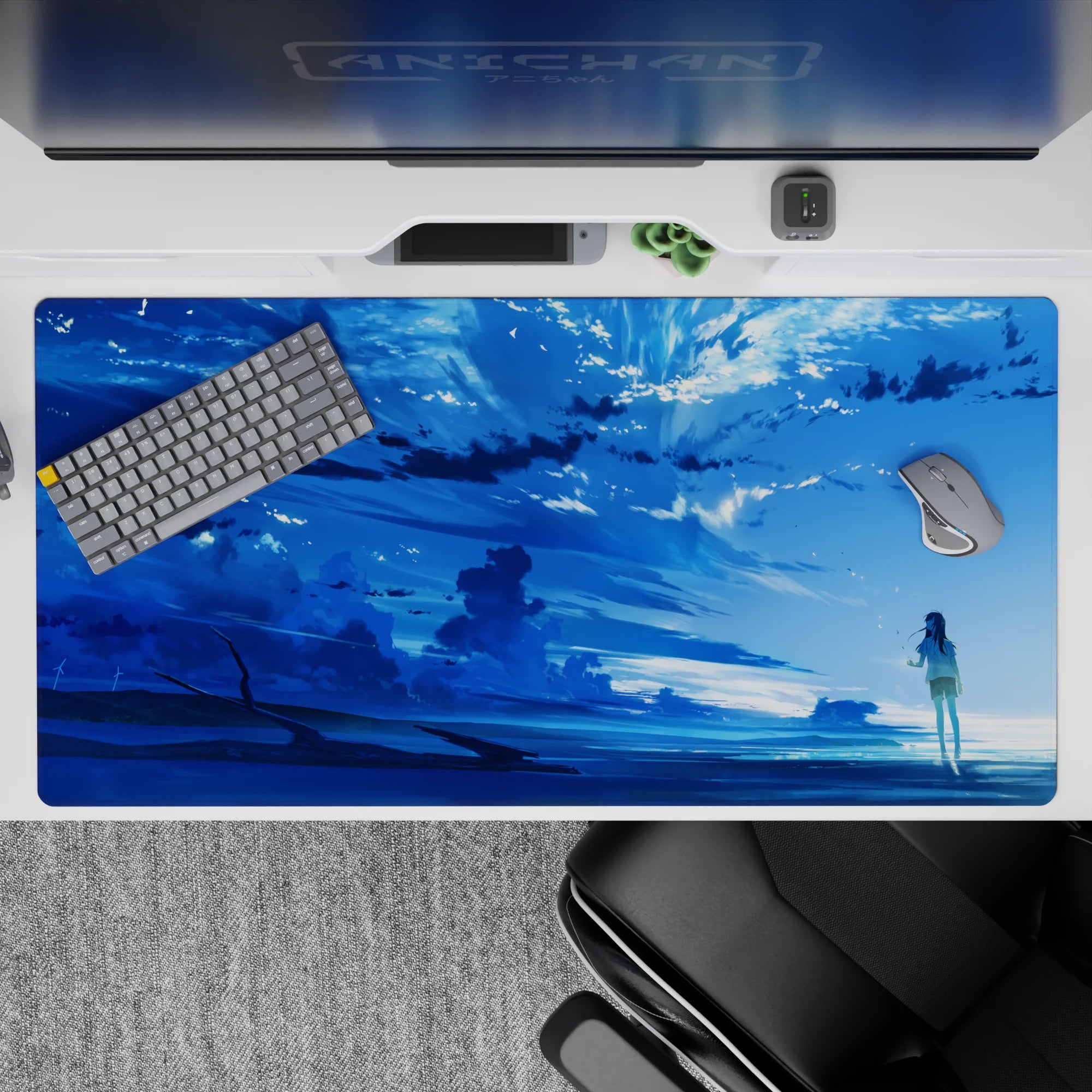 40x20 inches anime desk pad in icy blues with dreamy clouds, soft sparkles, and calming ocean horizon.
