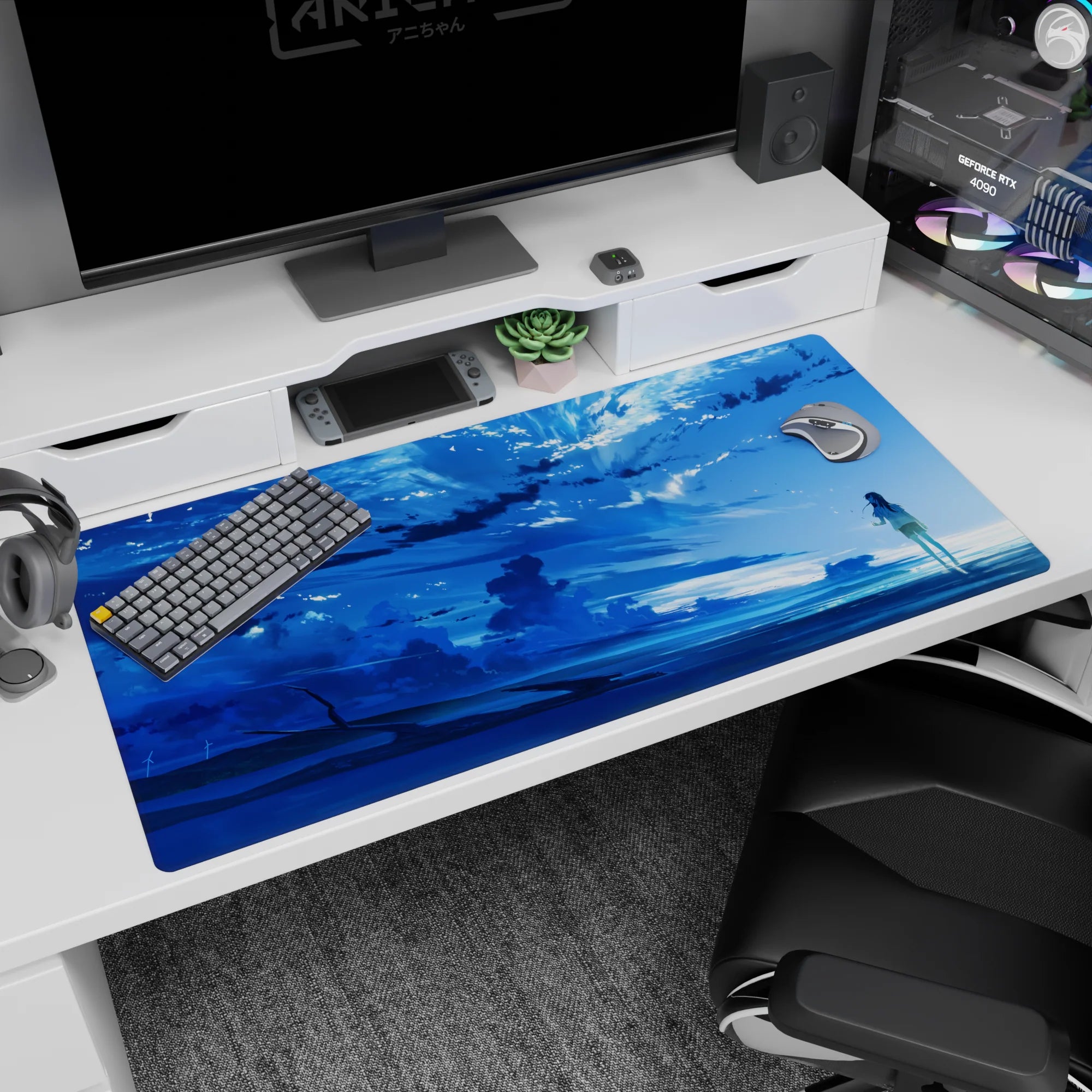 40x20 inches anime desk pad showing a lone girl in light top and short skirt gazing at a glowing sea.