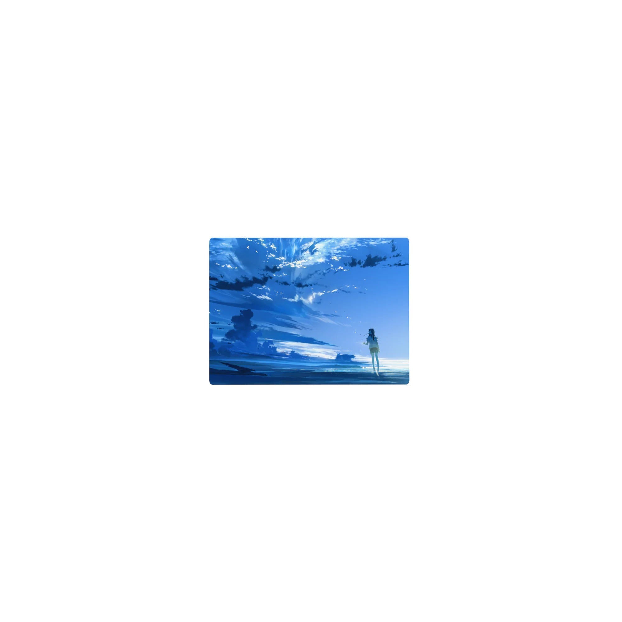 Classic anime mouse pad 14x10 inches with shoreline scene, lone girl, vast sky, and water reflections.