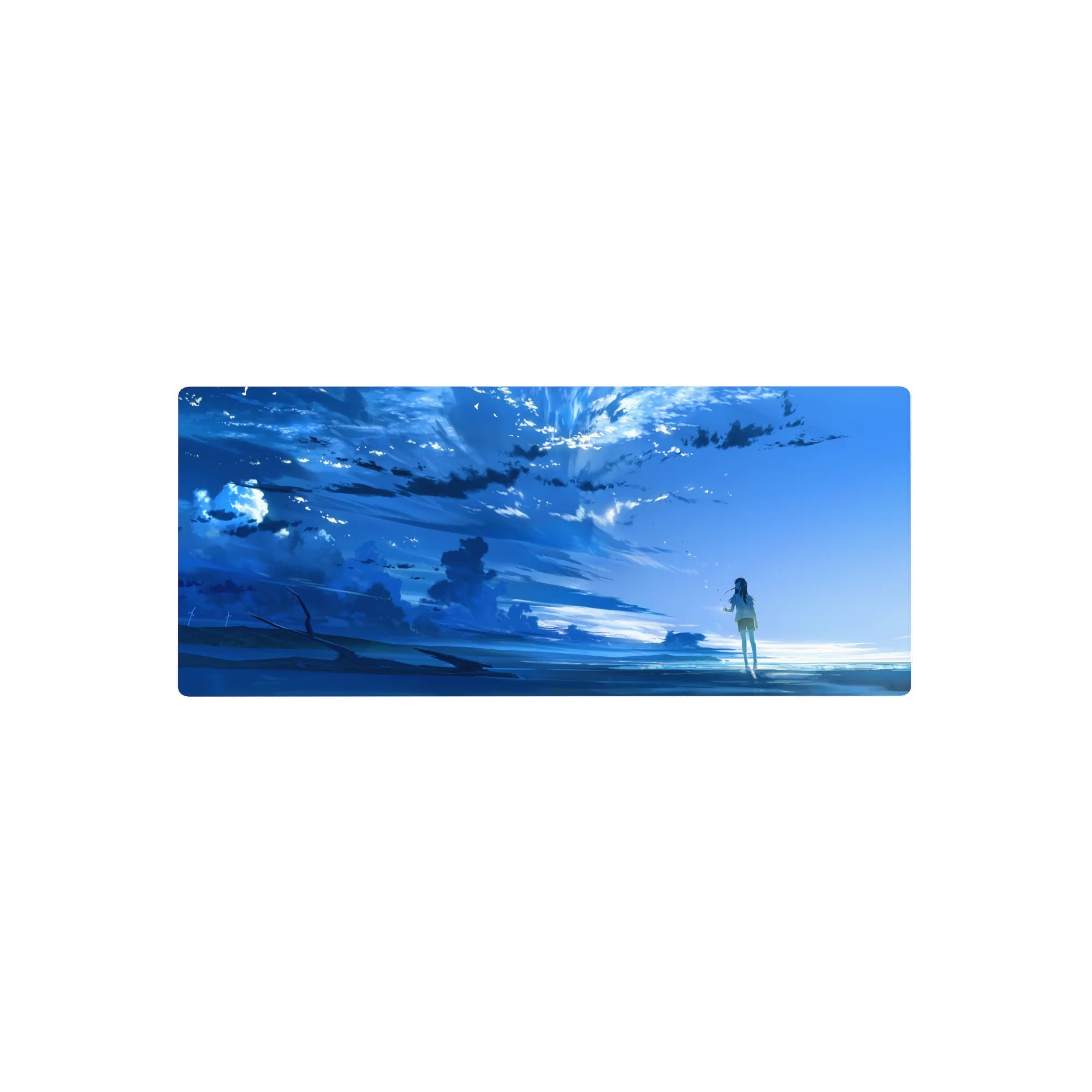 28x12 inches anime mouse pad with quiet shoreline scene, girl gazing at a vast sky and water reflections.