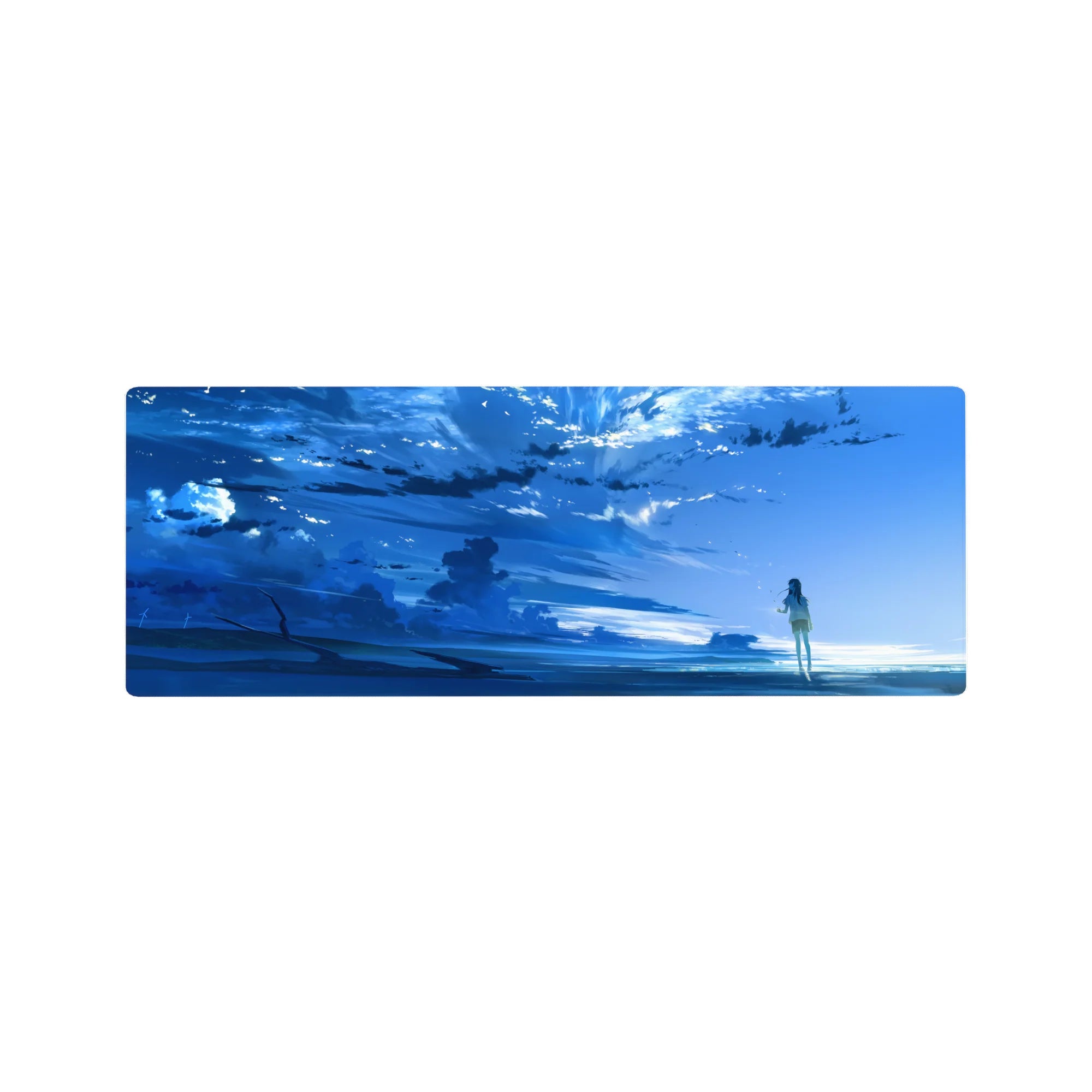 32x12 inches anime mouse pad with tranquil shoreline scene, girl gazing at glowing horizon and sky.