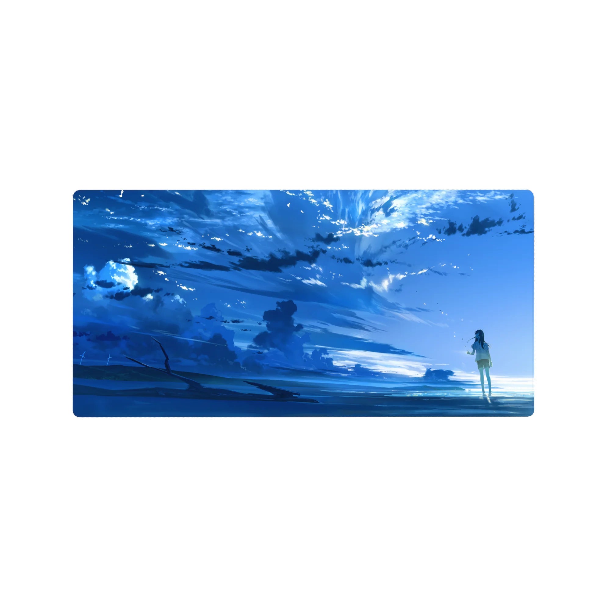32x16 inches anime mouse pad with shoreline scene, lone girl, vast sky, and shimmering water reflections.