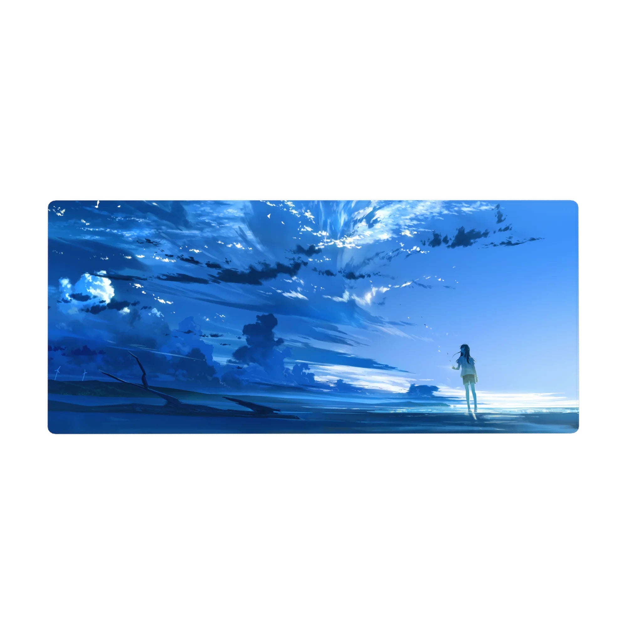 36x16 inches anime desk pad with shoreline panorama, brushstroke sky, clouds, and sparkling water reflections.