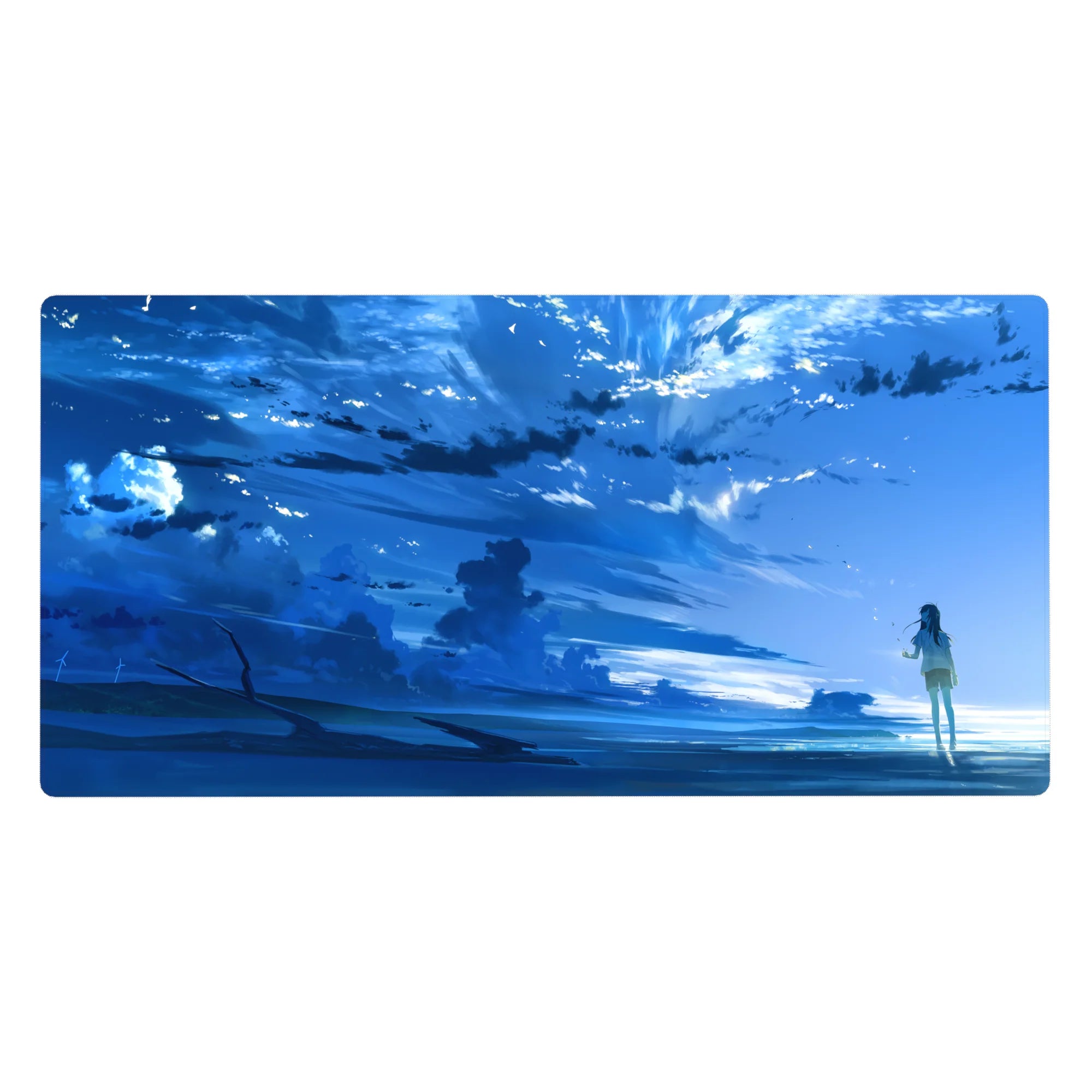 40x20 inches anime desk pad with serene shoreline girl under sweeping blue sky and cloud reflections.