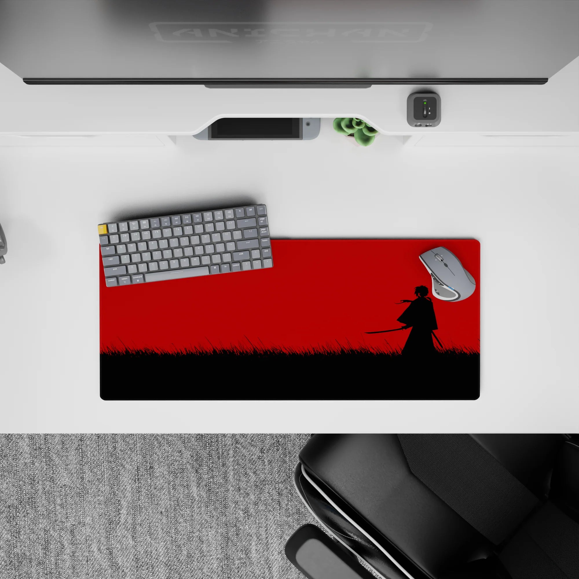 Red-and-black anime mouse pad 28x12 inches with minimalist crimson wash and calm-before-strike vibe.