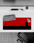 Red-and-black anime mouse pad 28x12 inches with minimalist crimson wash and calm-before-strike vibe.