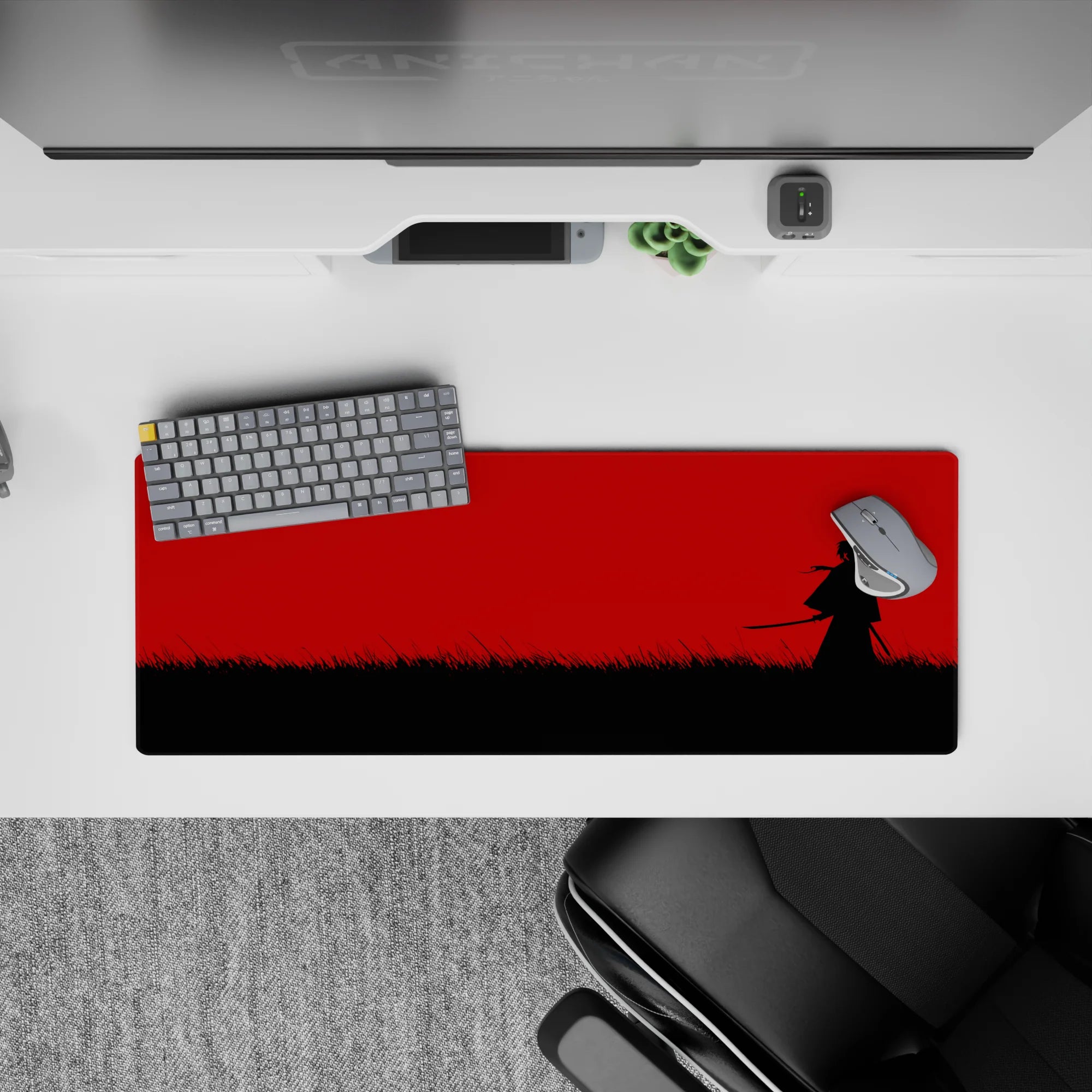 32x12 inches anime mouse pad in stark black-and-red, calm-before-the-strike mood with bold contrast.