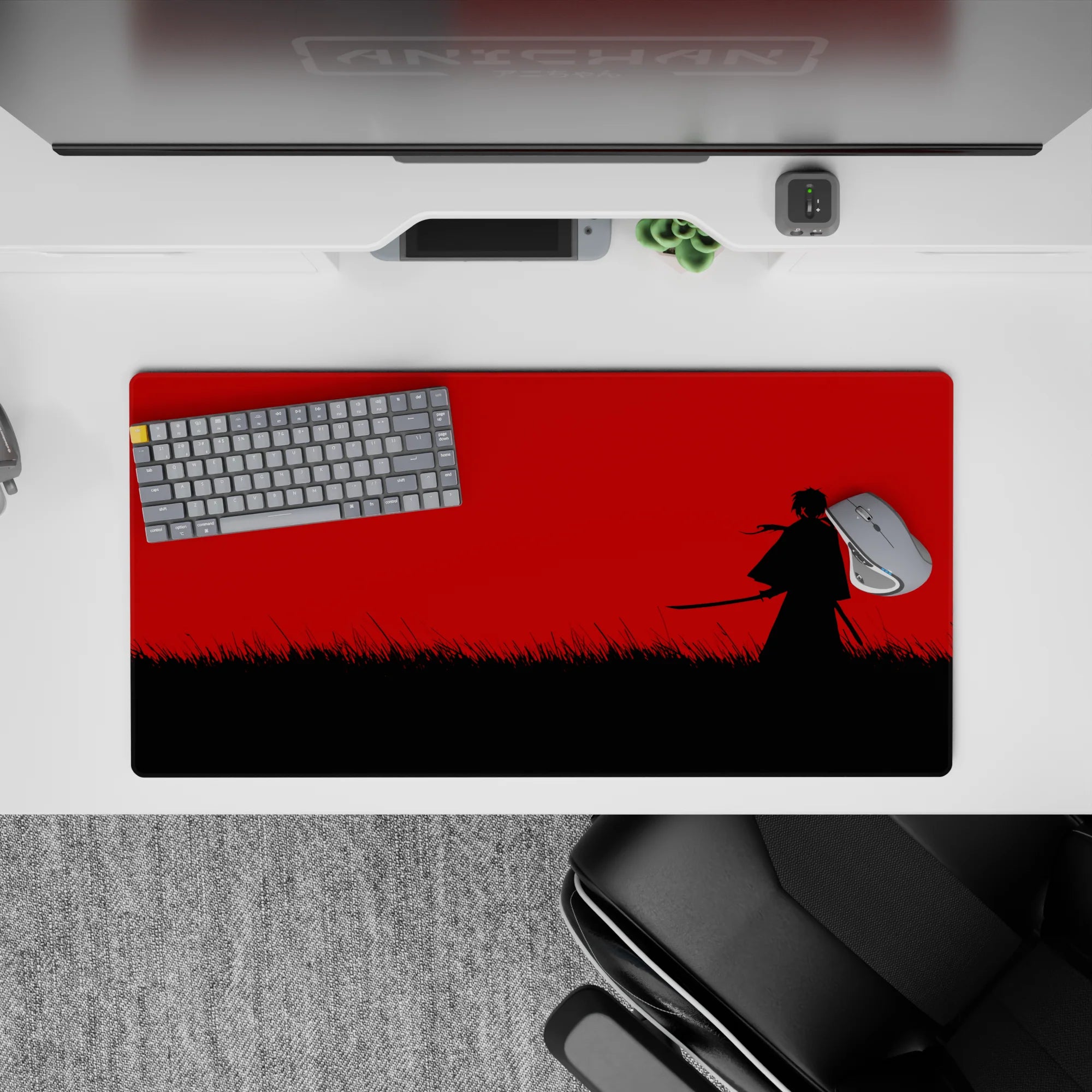 32x16 inches anime mouse pad in stark black and crimson, calm-before-the-strike vibe, minimalist high contrast.