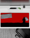 32x16 inches anime mouse pad in stark black and crimson, calm-before-the-strike vibe, minimalist high contrast.