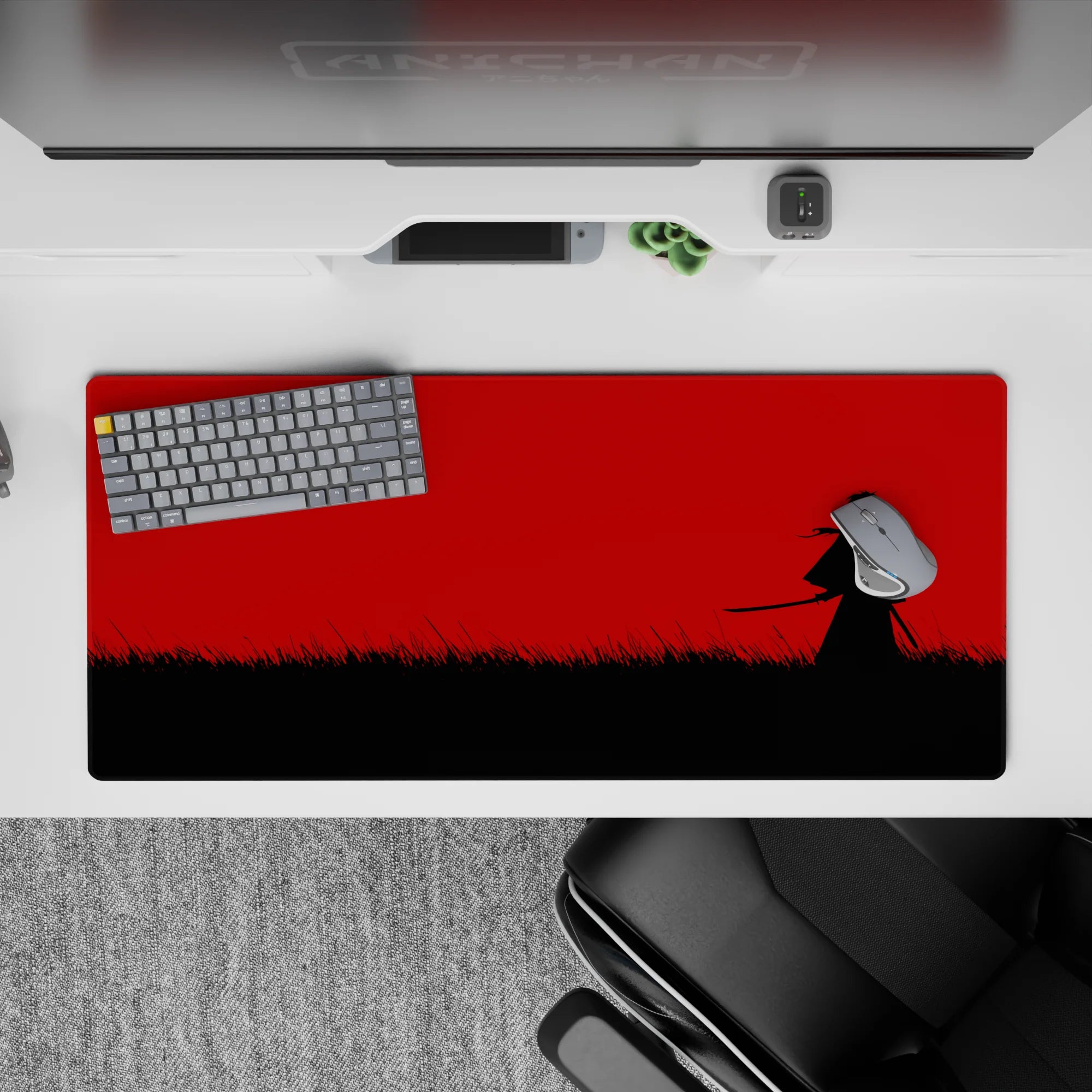 Crimson red sky and stark black silhouette anime desk pad 36x16 inches, calm-before-the-strike vibe.