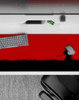 Crimson red sky and stark black silhouette anime desk pad 36x16 inches, calm-before-the-strike vibe.