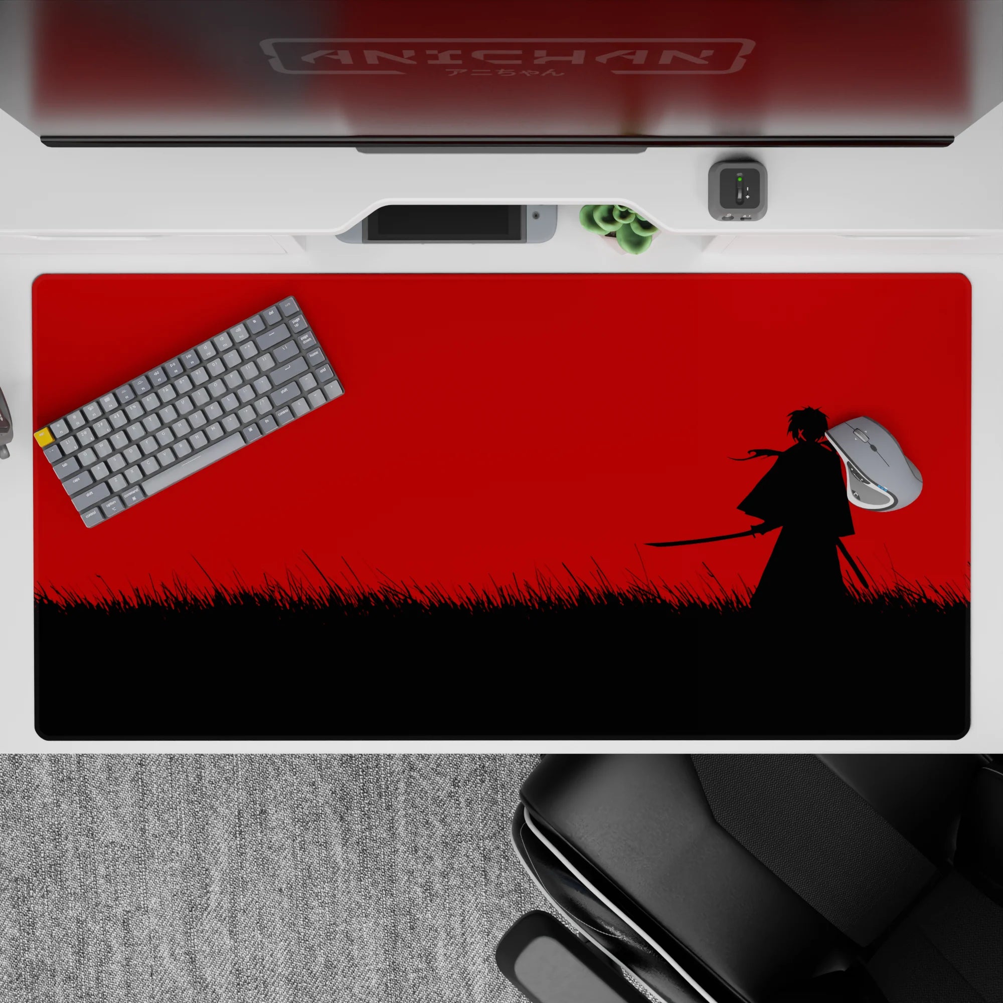 40x20 inches anime desk pad in stark black and red, calm-before-the-strike vibe with minimalist contrast.
