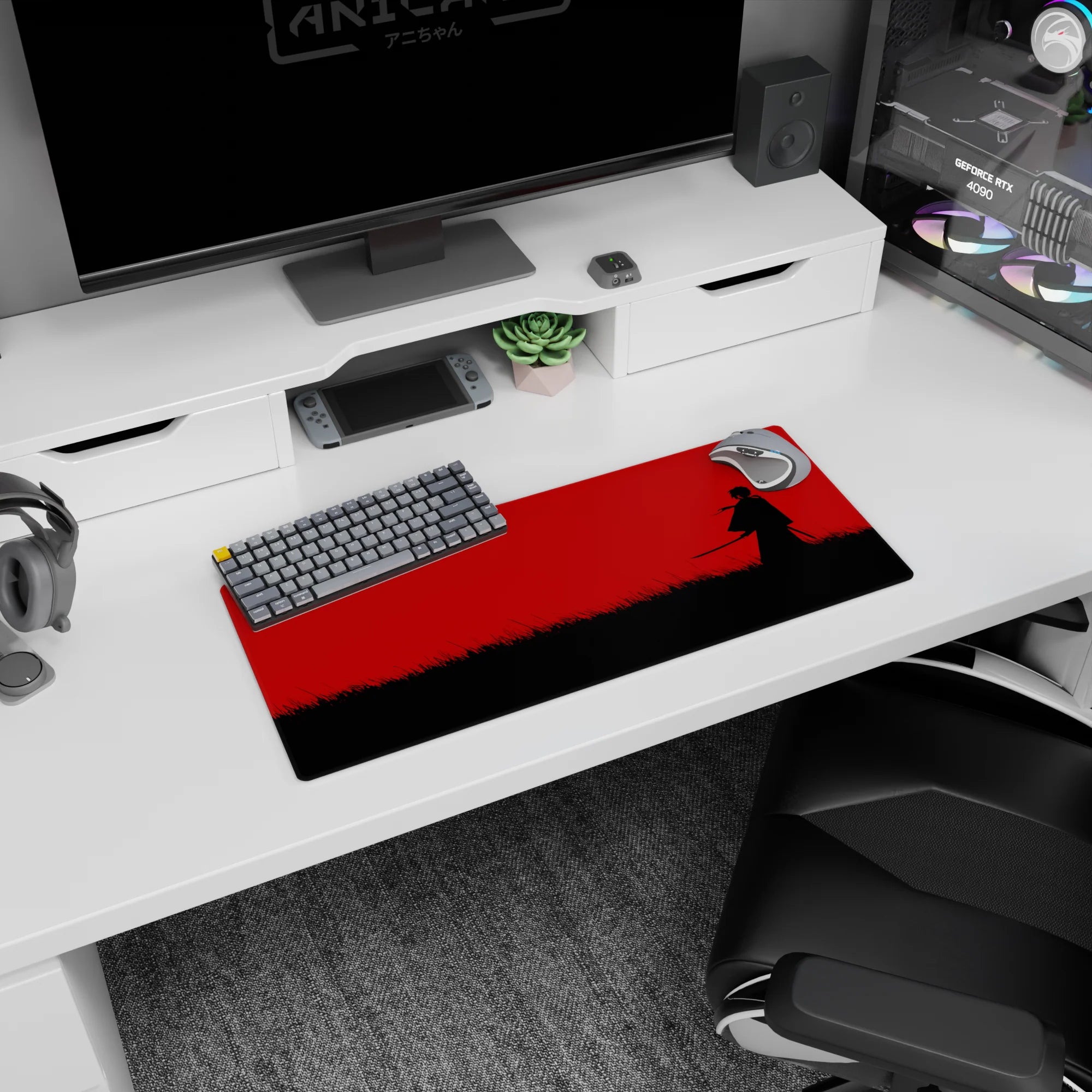 28x12 inches anime desk mat showing cloaked swordsman with scarf in wind, blade low in black grass.