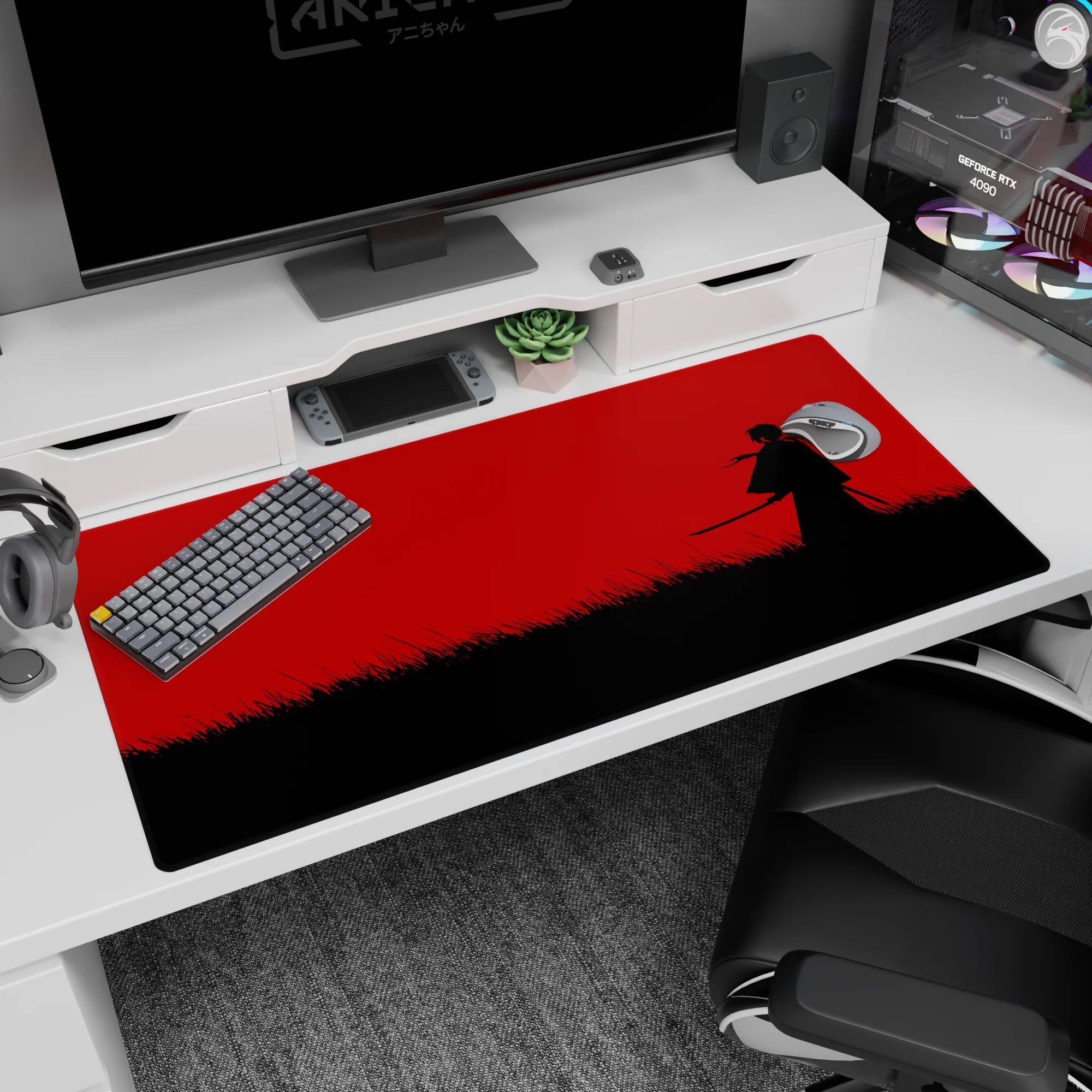Lone cloaked swordsman with wind-whipped scarf in tall black grass, 40x20 inches anime desk pad.