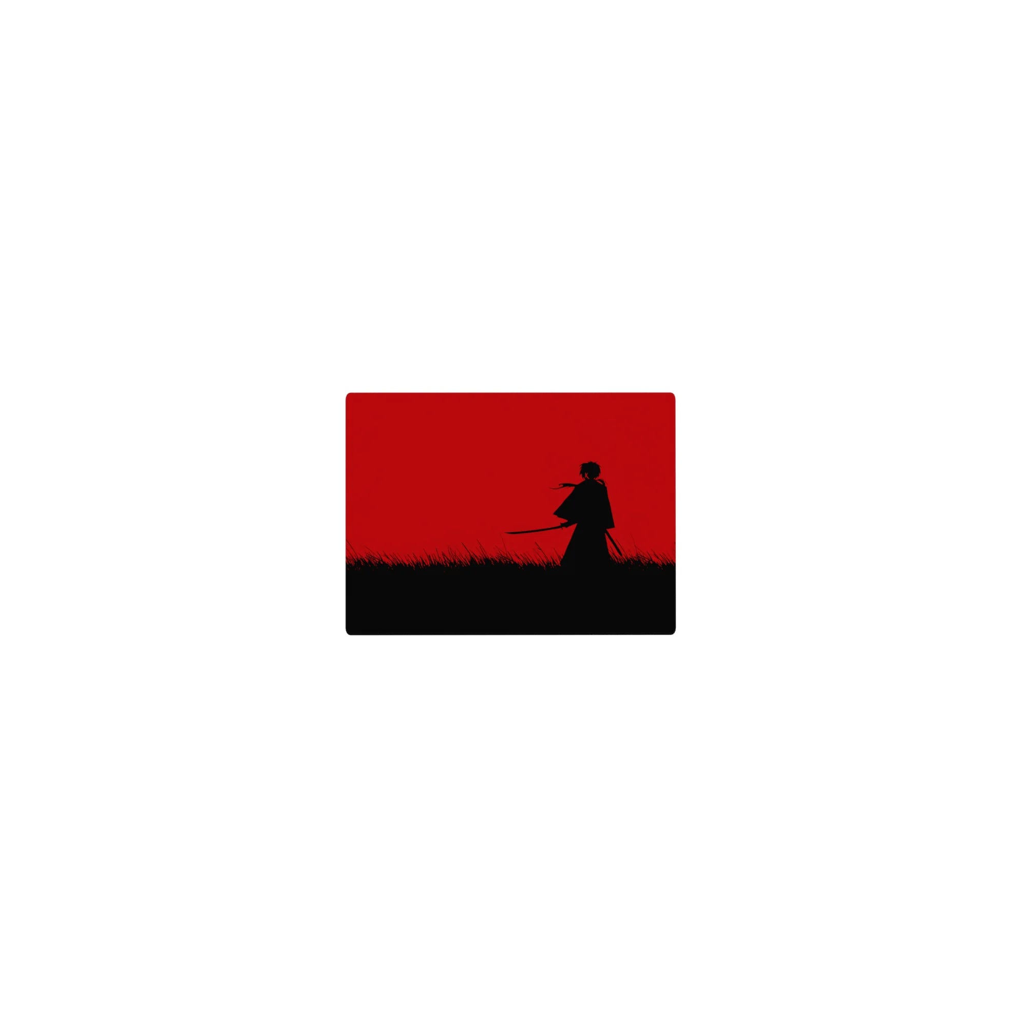 Classic anime mouse pad 14x10 inches with lone swordsman silhouette in tall grass under a crimson sky.