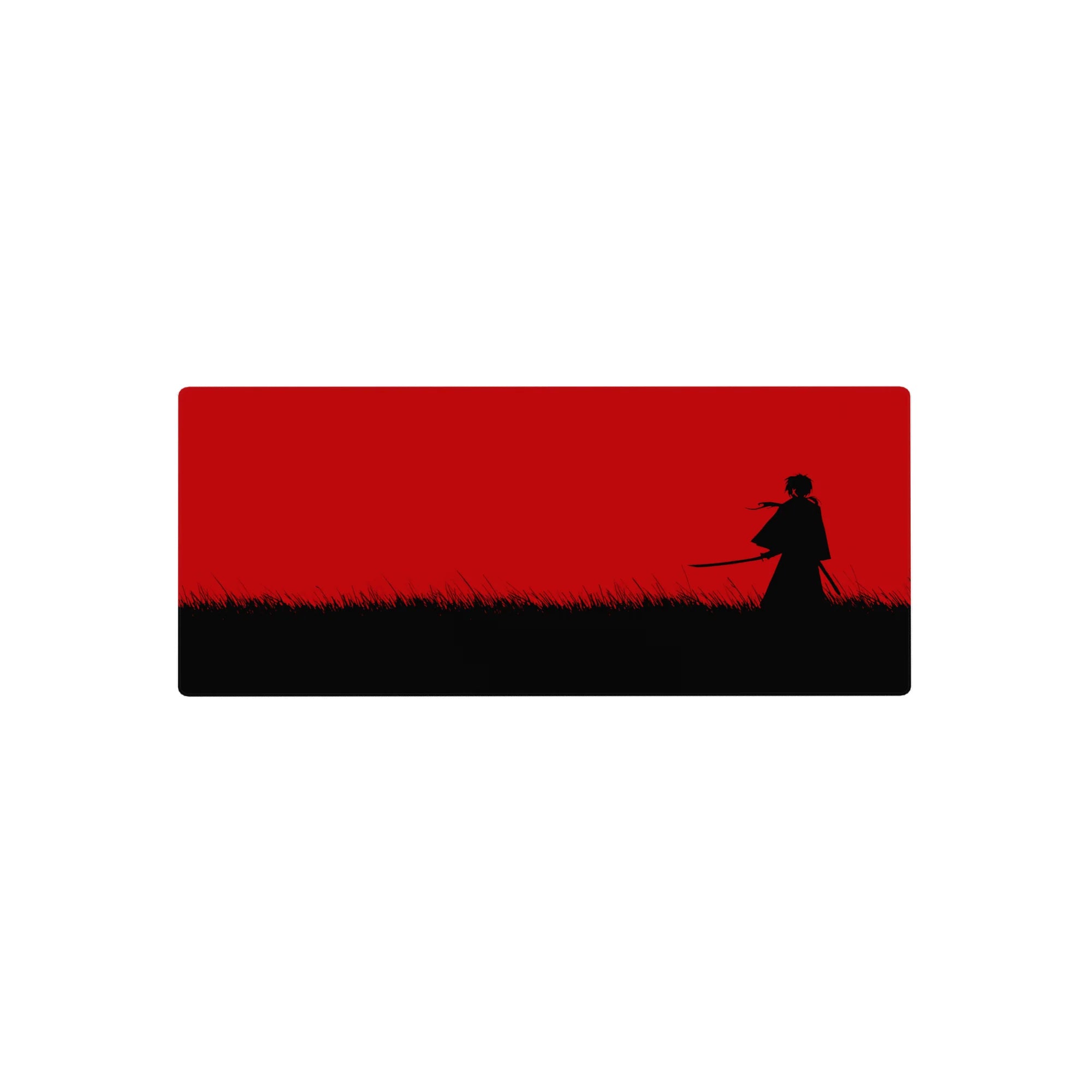Anime mouse pad 28x12 inches featuring a lone swordsman silhouette in tall grass under a crimson sky.