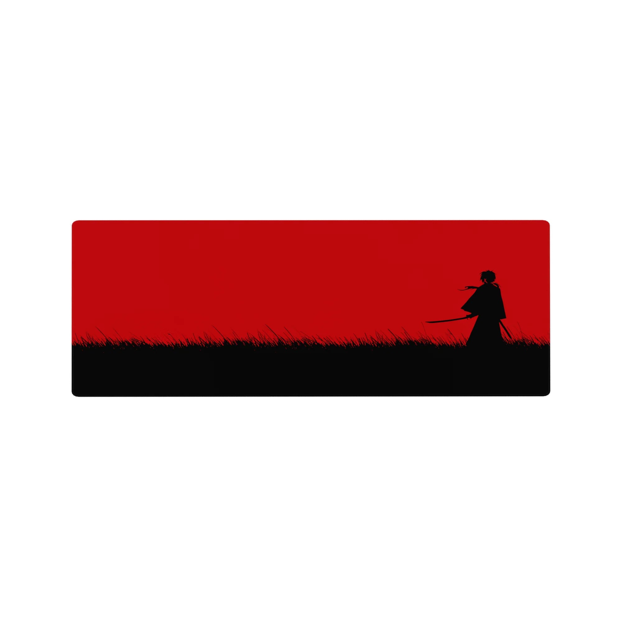32x12 inches anime mouse pad with lone swordsman silhouette in black grass under a minimalist crimson sky.