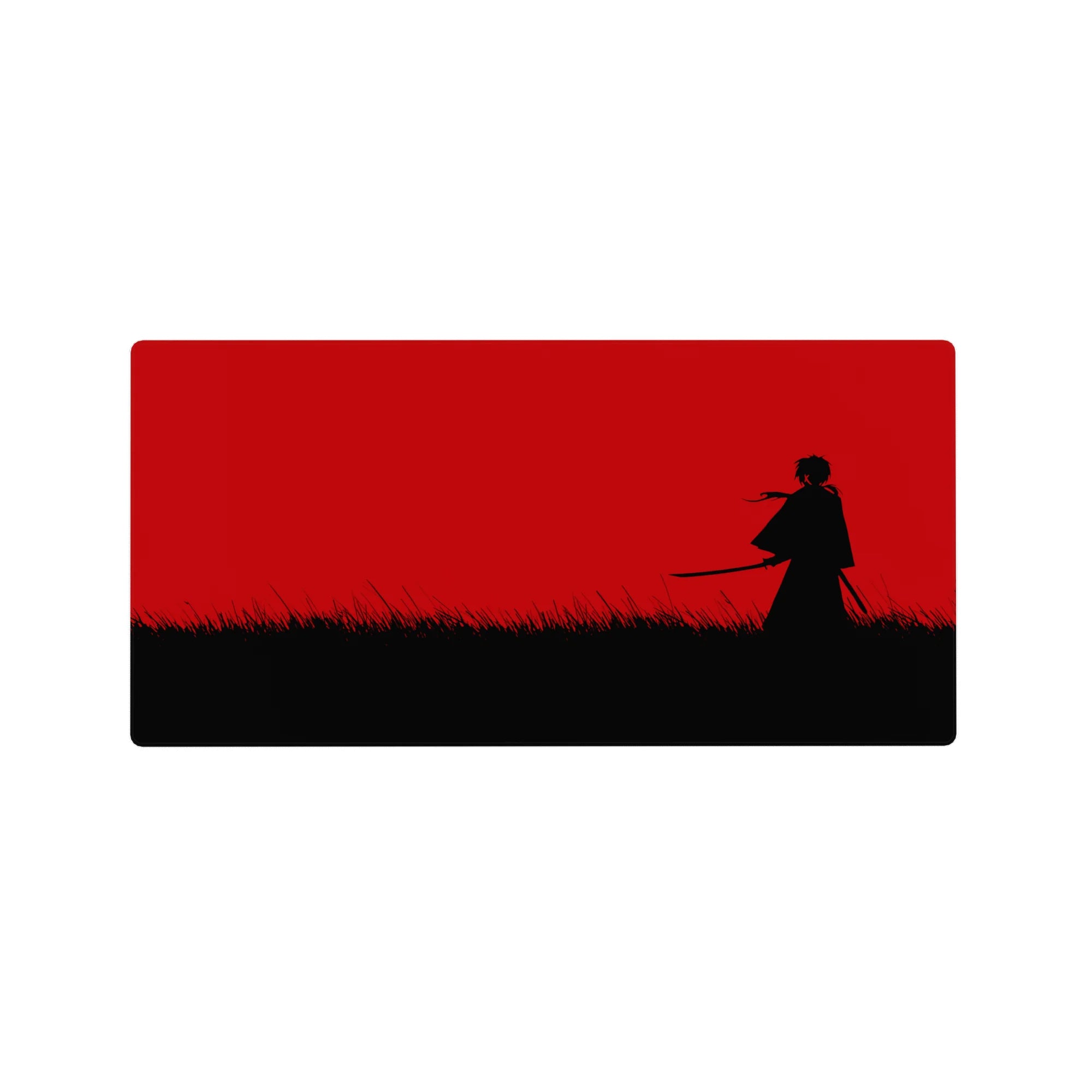 32x16 inches anime mouse pad with lone swordsman silhouette, red sky backdrop, and black grass foreground.