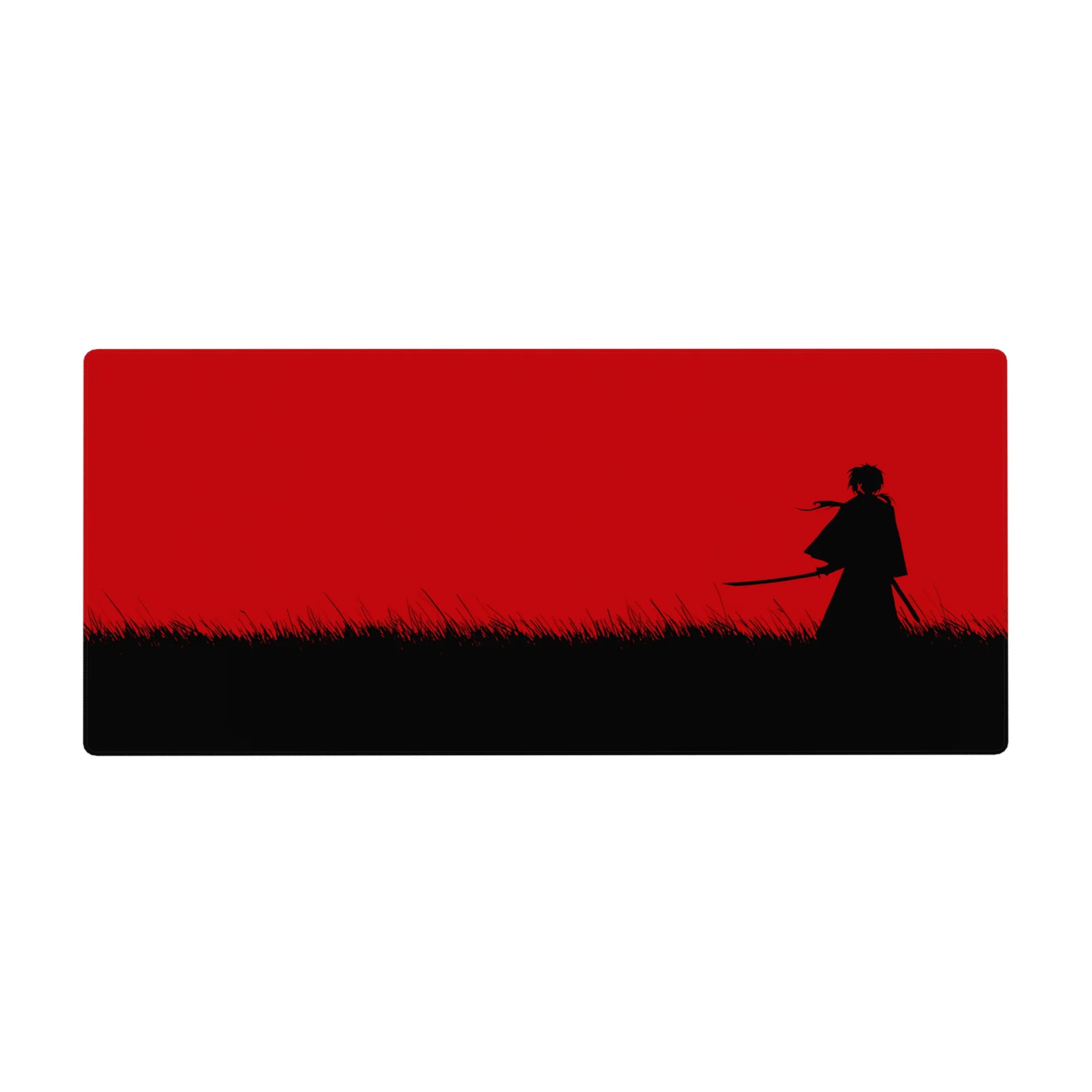 Anime desk pad 36x16 inches with lone swordsman silhouette in tall black grass and crimson sky.