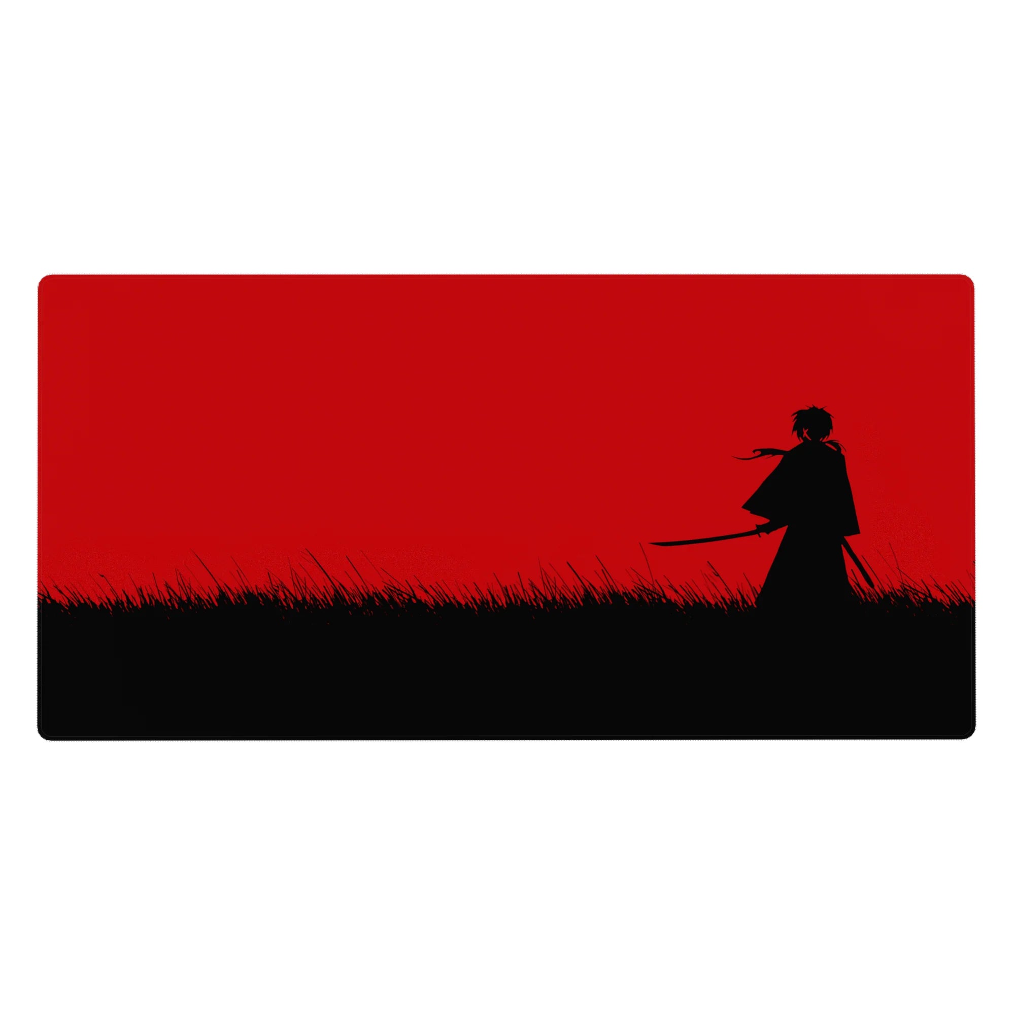 Anime desk pad 40x20 inches with lone swordsman silhouette in black grass under a bold crimson sky.